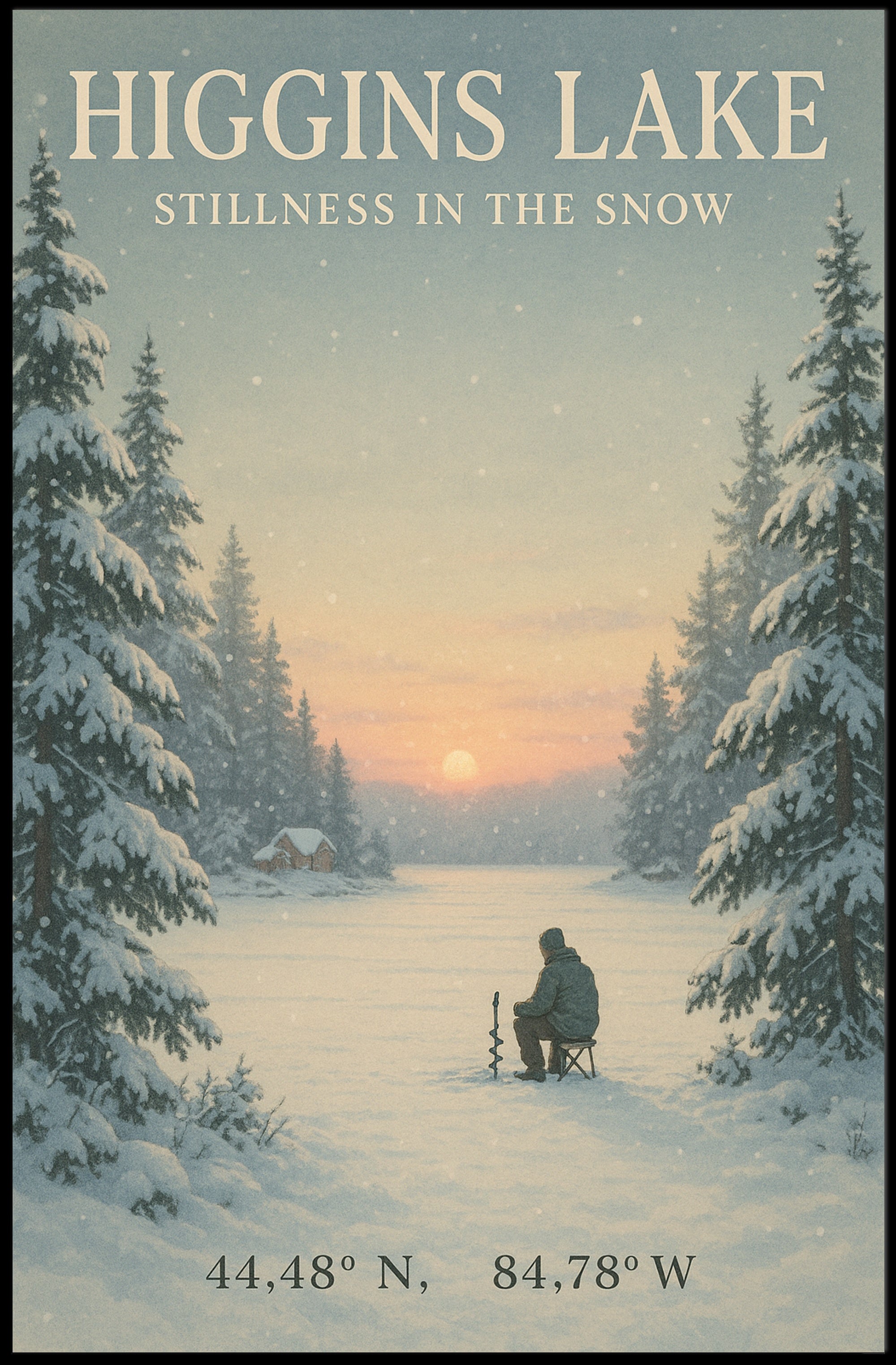 Higgins Lake Winter Serenity Ice Fishing Travel Poster