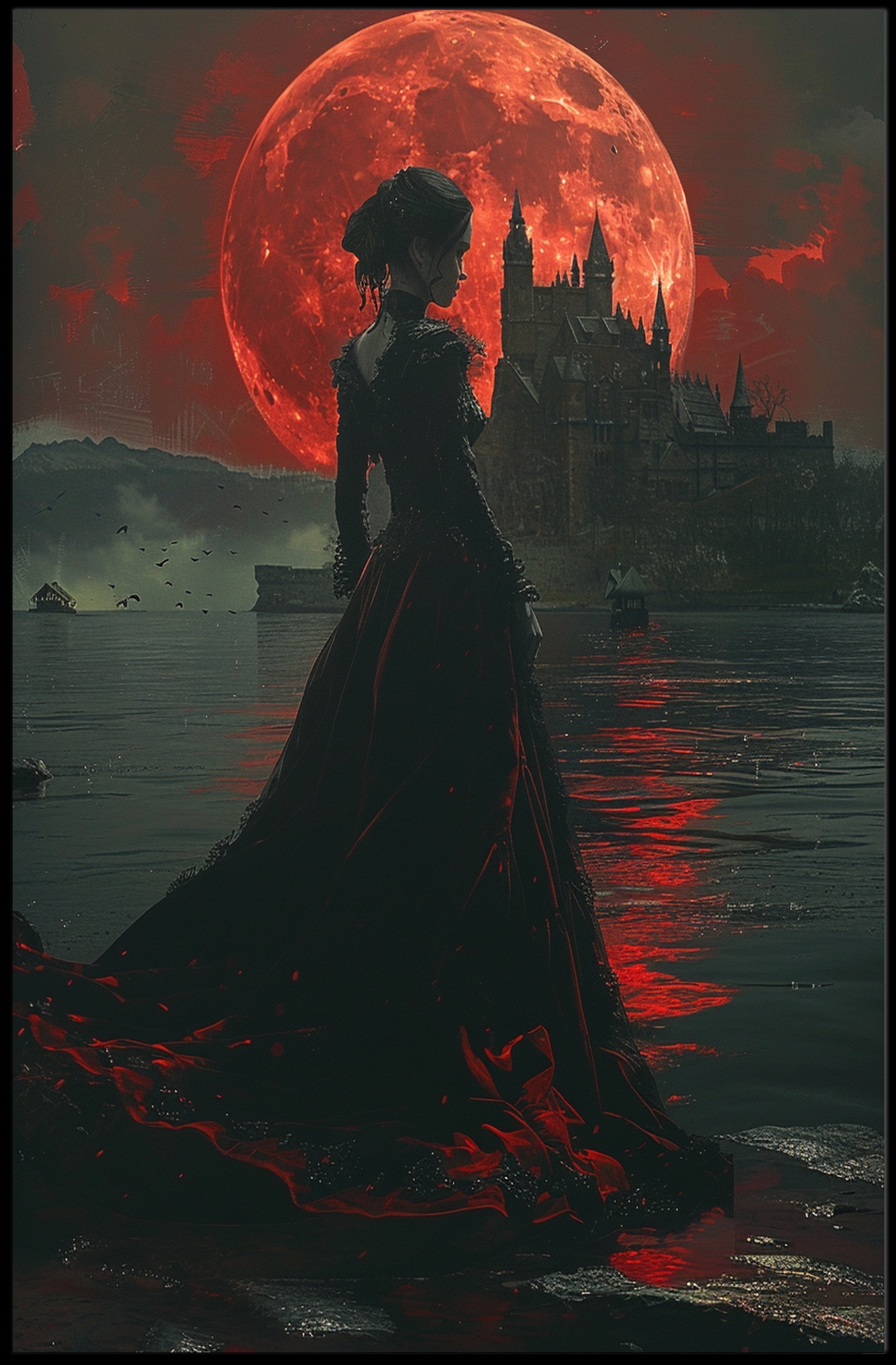 Gothic Red Moon Fantasy Artwork - Fantasy or Mythology Poster PosterGoat