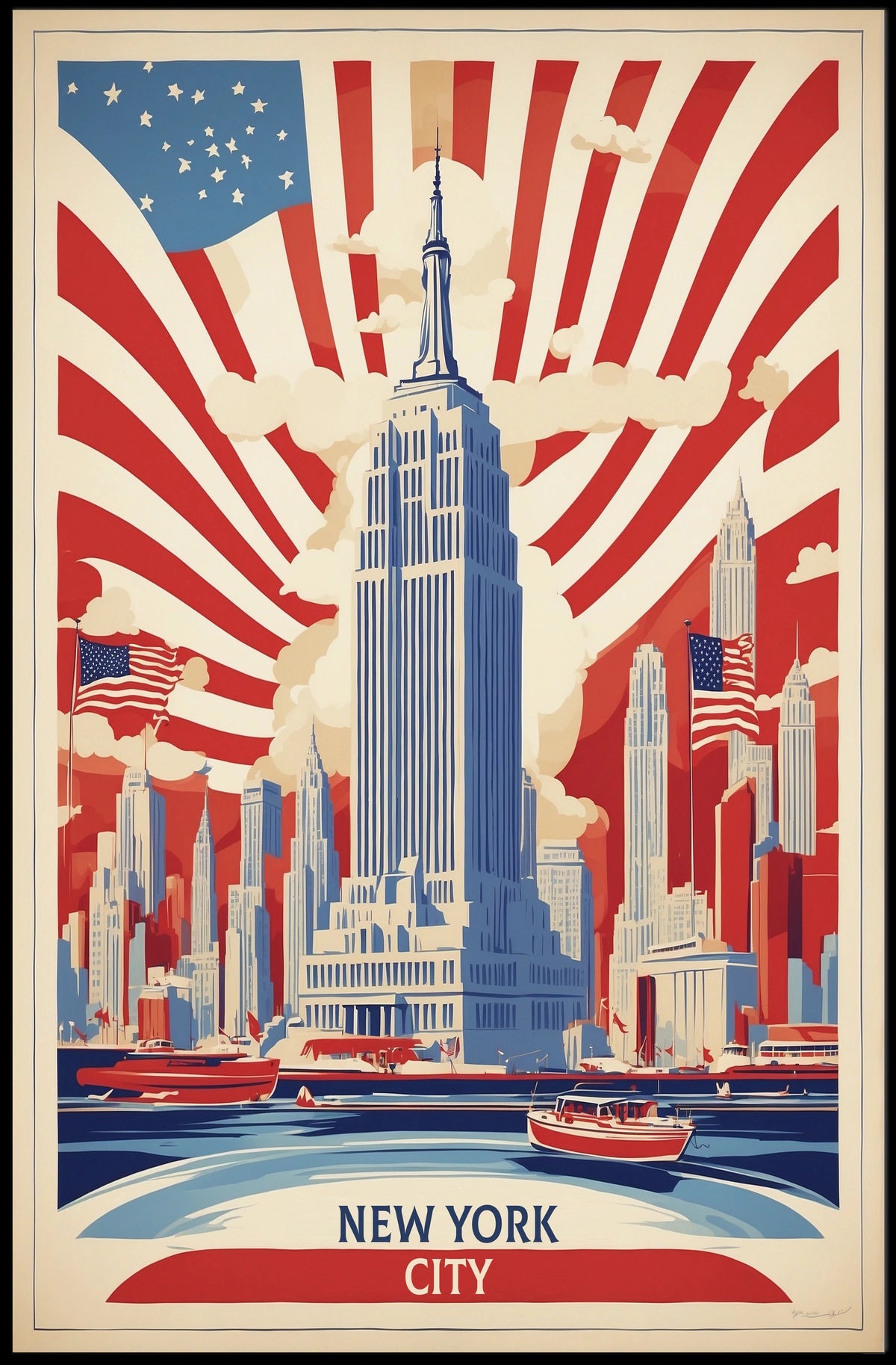 New York City Patriotic Skyline Poster Vintage Wall Art