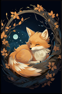 Moonlit Serenity Fox Autumn Leaves Digital Painting Poster