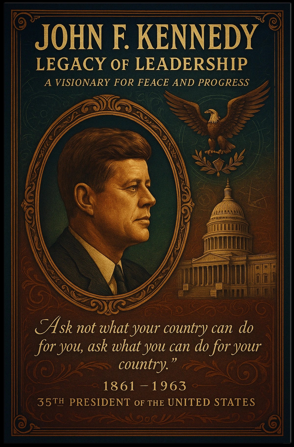 John F. Kennedy Patriotic Leadership Vintage Art Poster