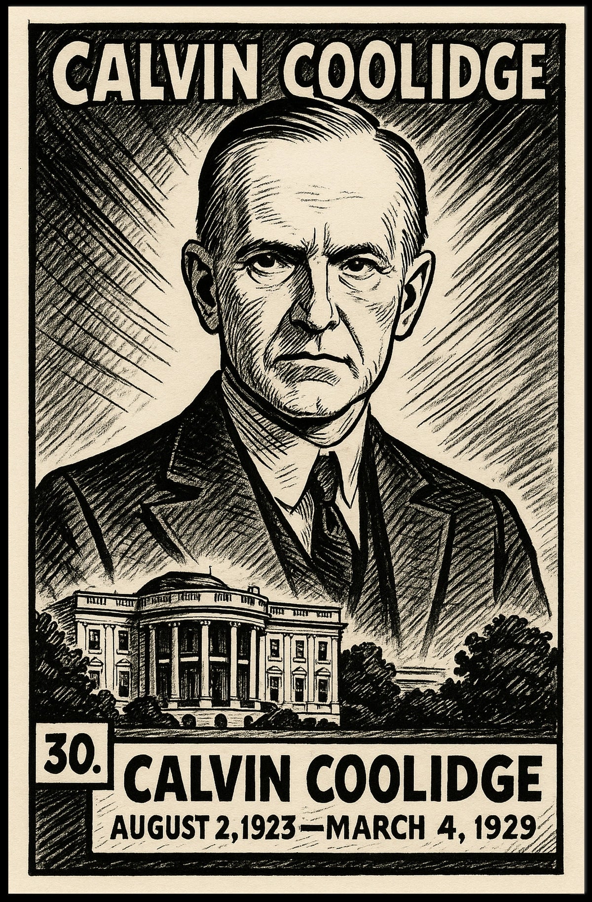 Calvin Coolidge 30th President of the United States B & W Comic Sketch Poster