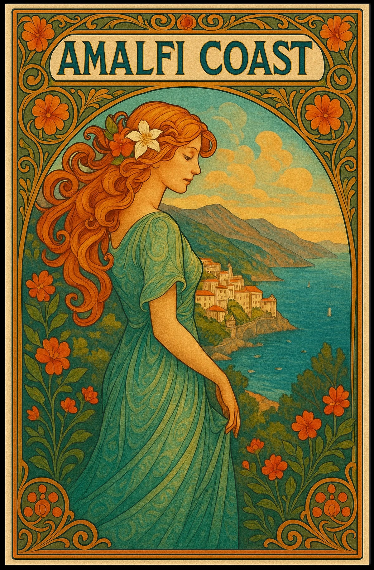 Amalfi Coast Art Nouveau Style Poster