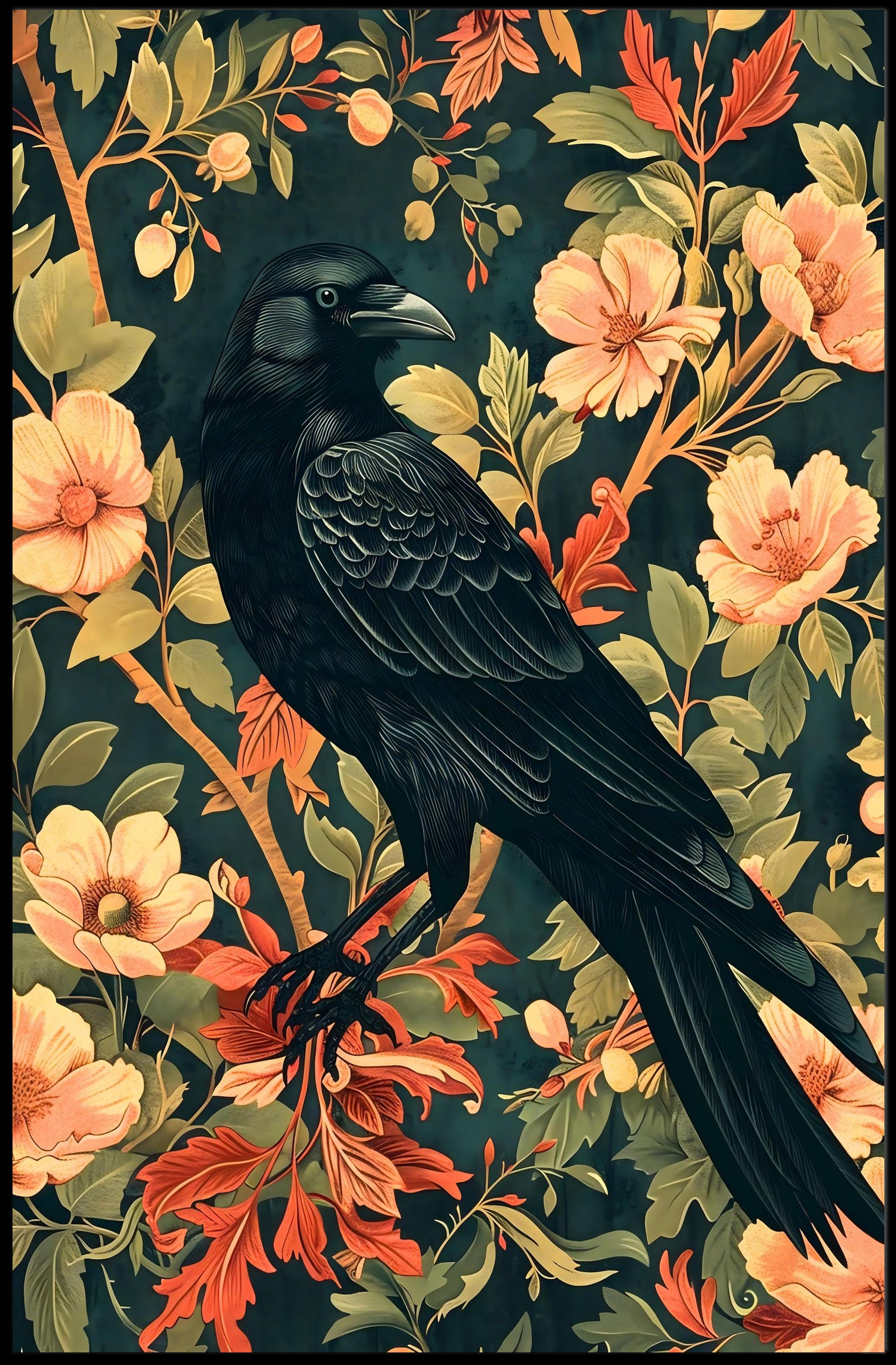 Majestic Raven Wall Art Print with Floral Design