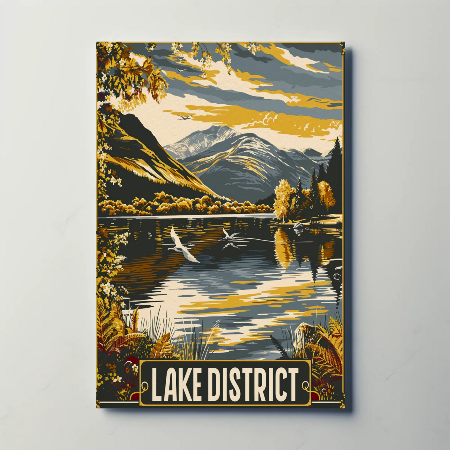Lake District Golden Mountains Waterfowl Scene Travel Poster