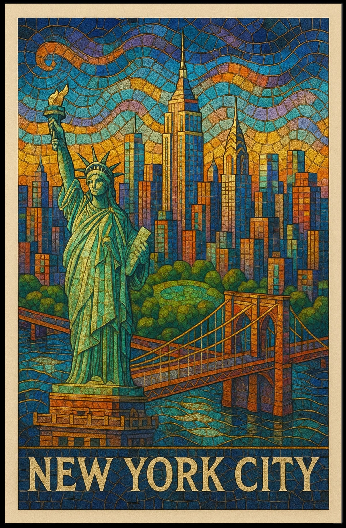 New York City Mosaic Poster Vibrant Colors for Home Decor