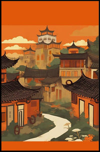 Tranquil Village at Sunset Poster