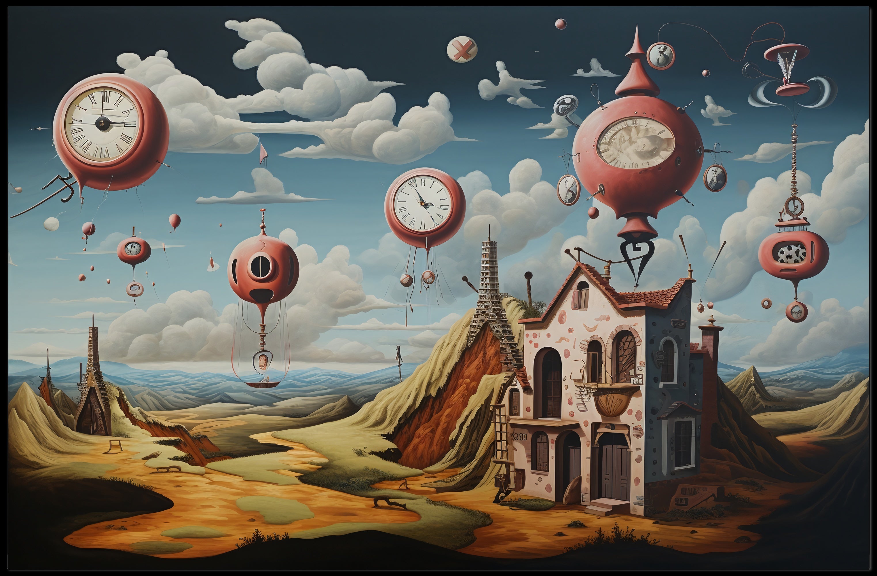 Surreal Dreamscape with Floating Clocks Fantasy Poster