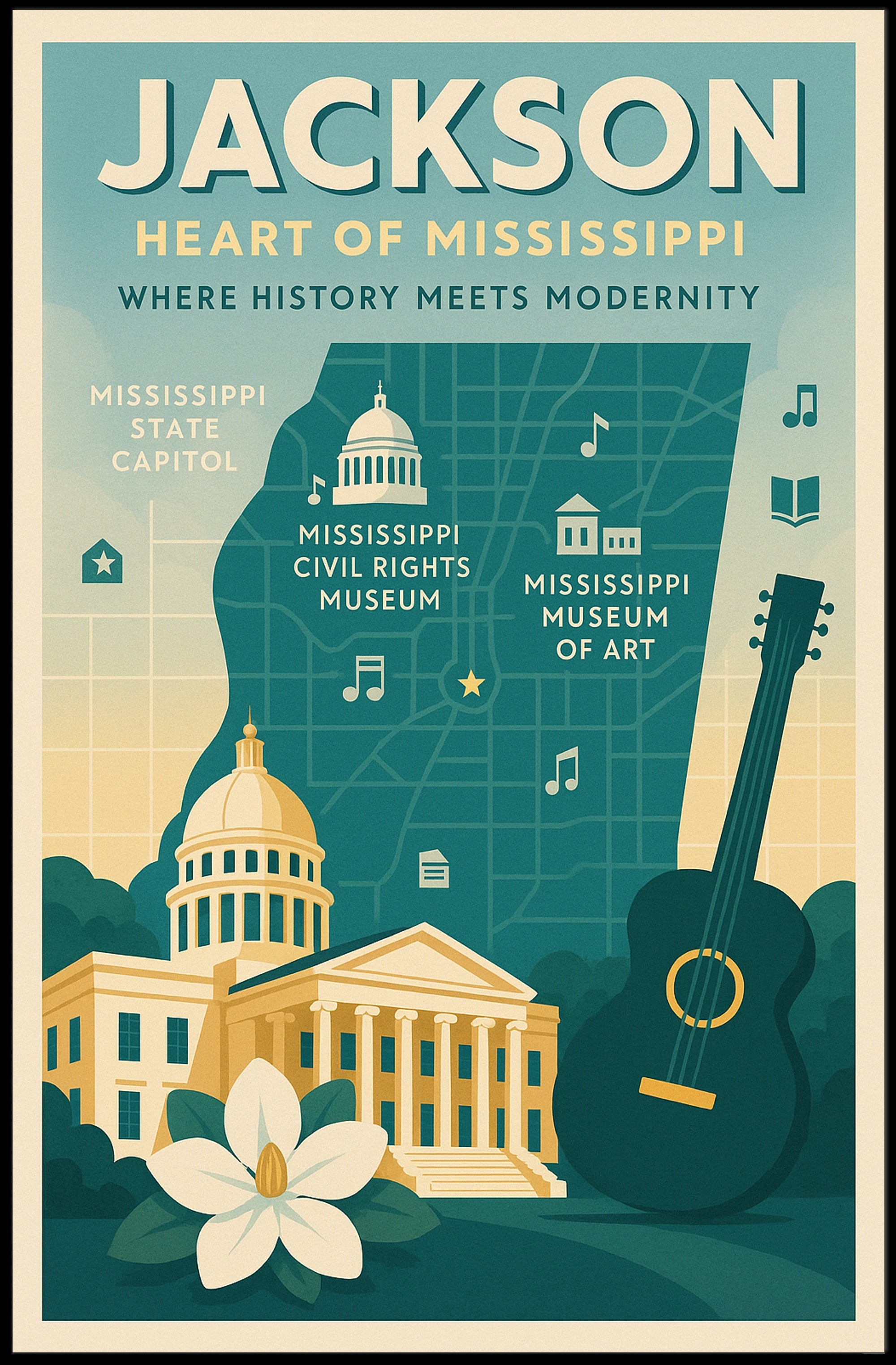 Jackson Mississippi Vintage Landmarks Cultural or Heritage Poster