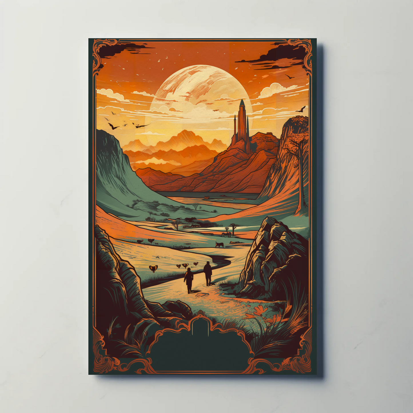 Sunset Over Distant Spires Fantasy Valley Travel Poster