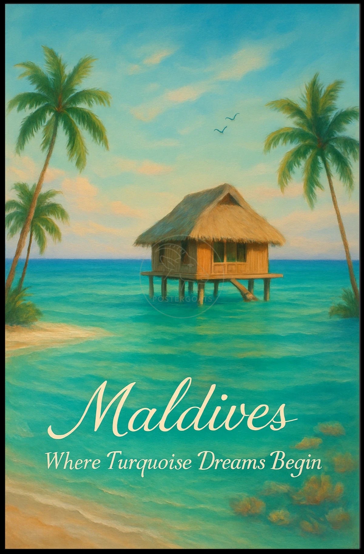 This poster vividly captures a serene tropical paradise, likely set in the Maldives, Travel Poster