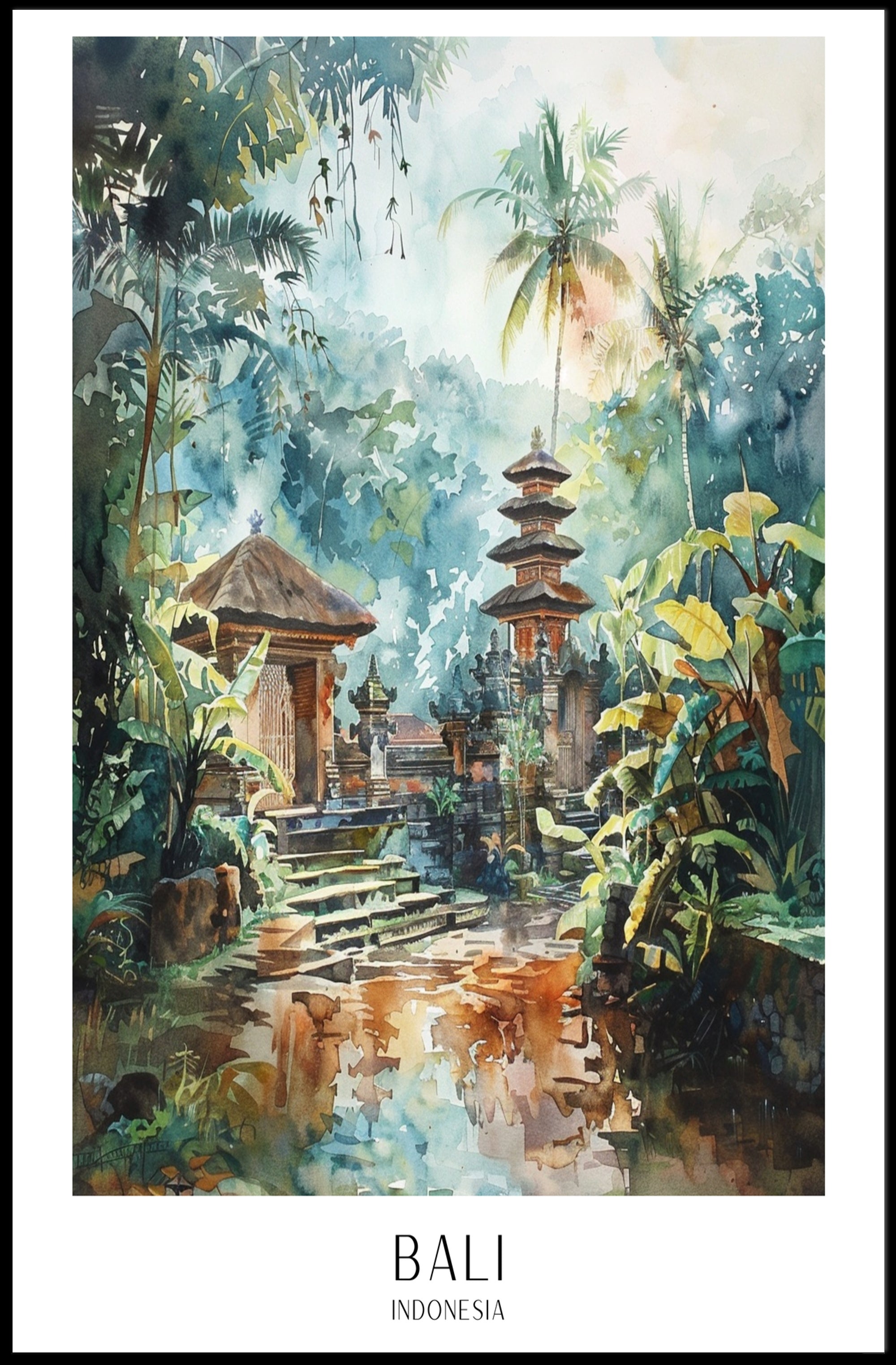 Serene Watercolor Balinese Temple Cultural or Heritage Poster PosterGoat