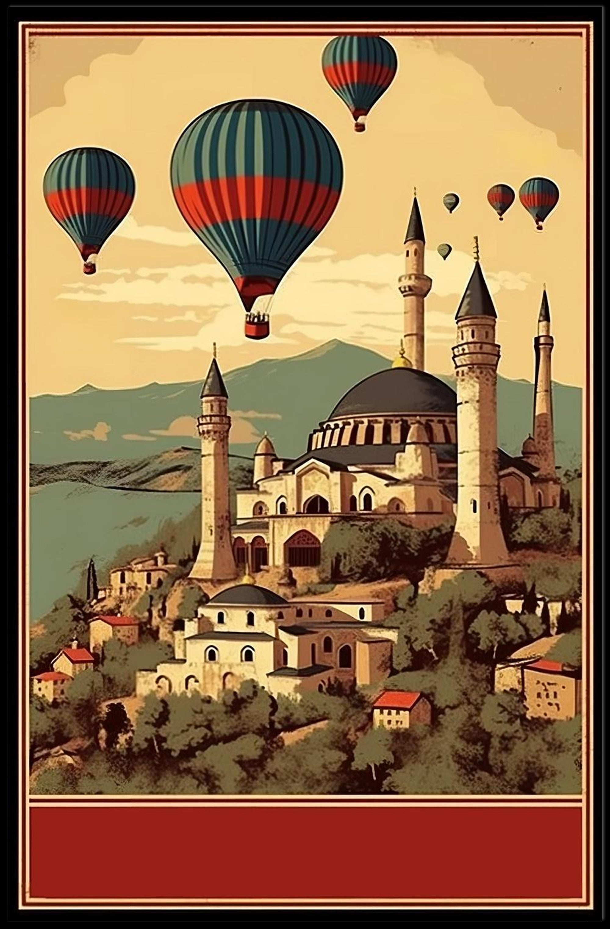 Hot Air Balloons Over Ancient Architecture Poster