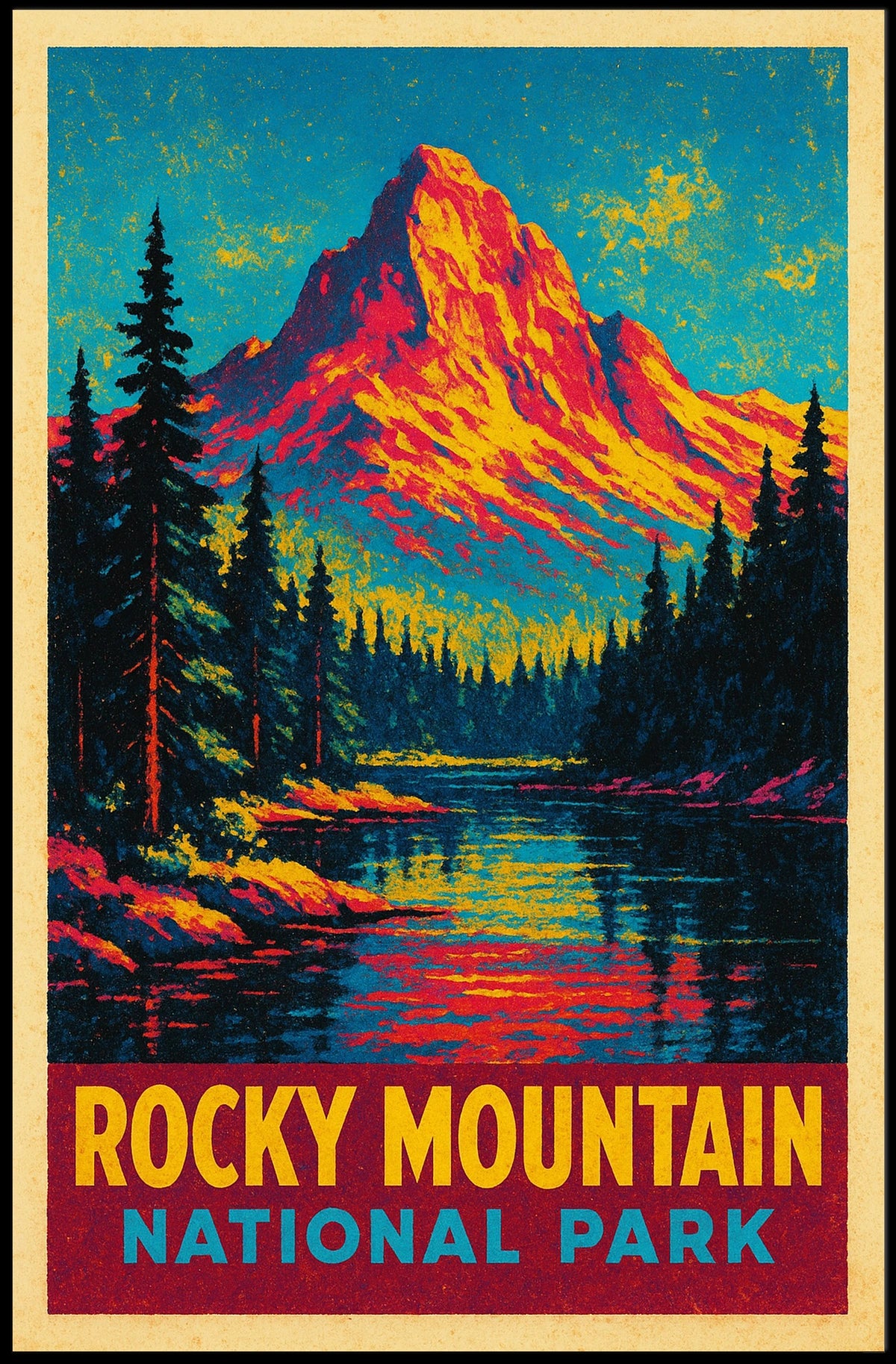Rocky Mountain Sunrise Vintage Travel Retro Mid Century Scenic Landscape Collector Poster