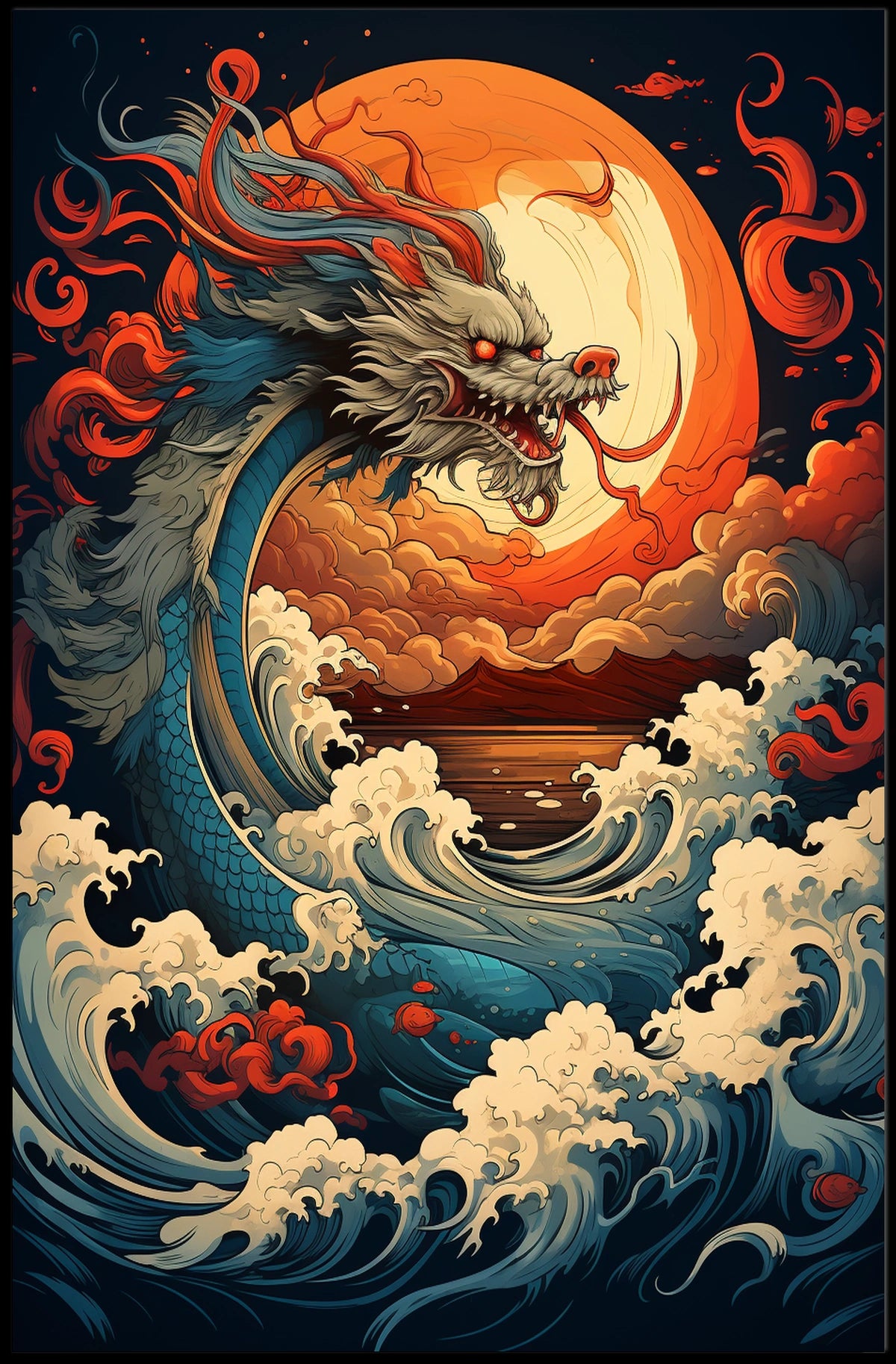 The Majestic Dragon And The Fiery Moon Poster