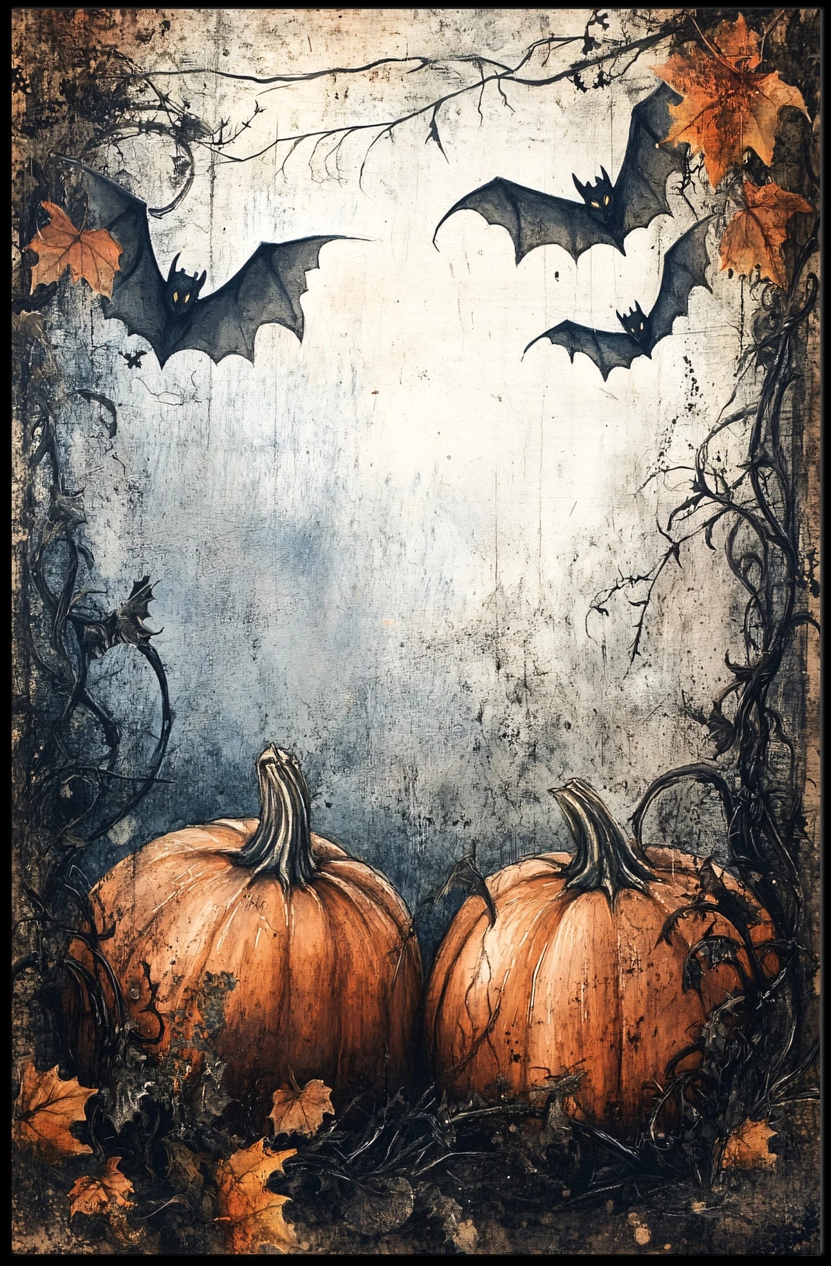 Halloween Pumpkins and Bats Vintage Artistic Poster