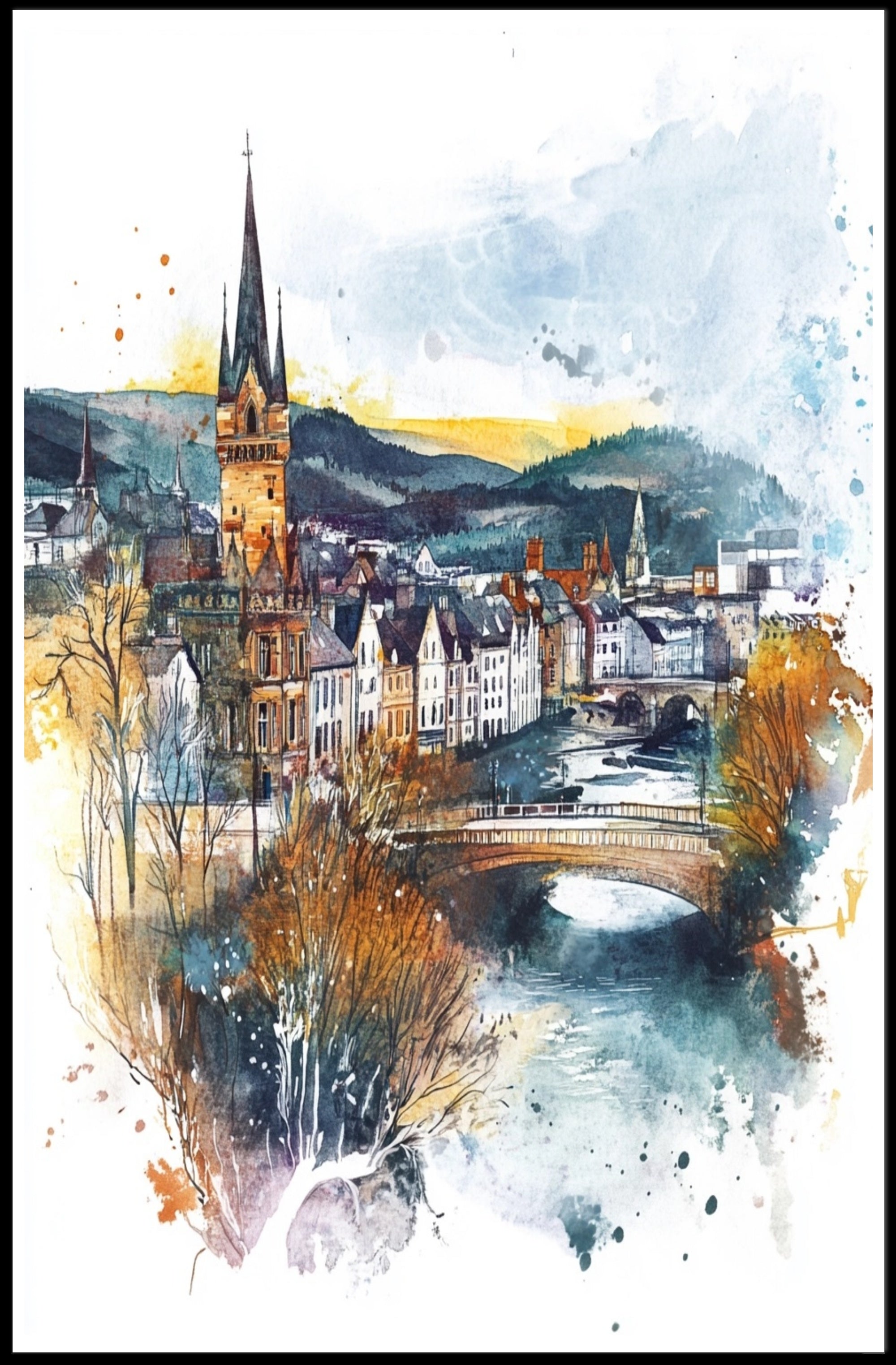 Enchanting Riverside Town Poster PosterGoat