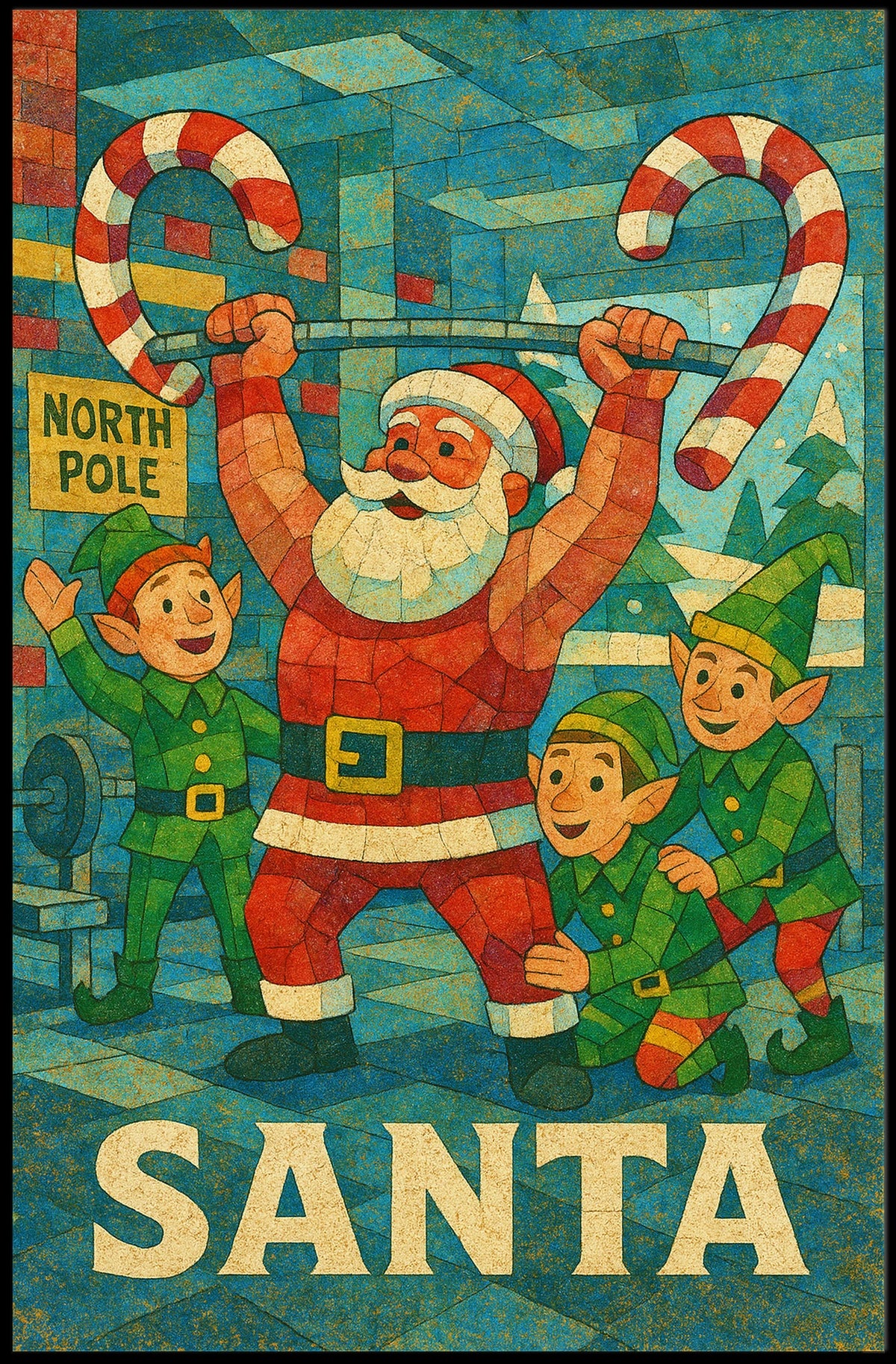 Santa's Festive Workout Vintage Christmas Poster