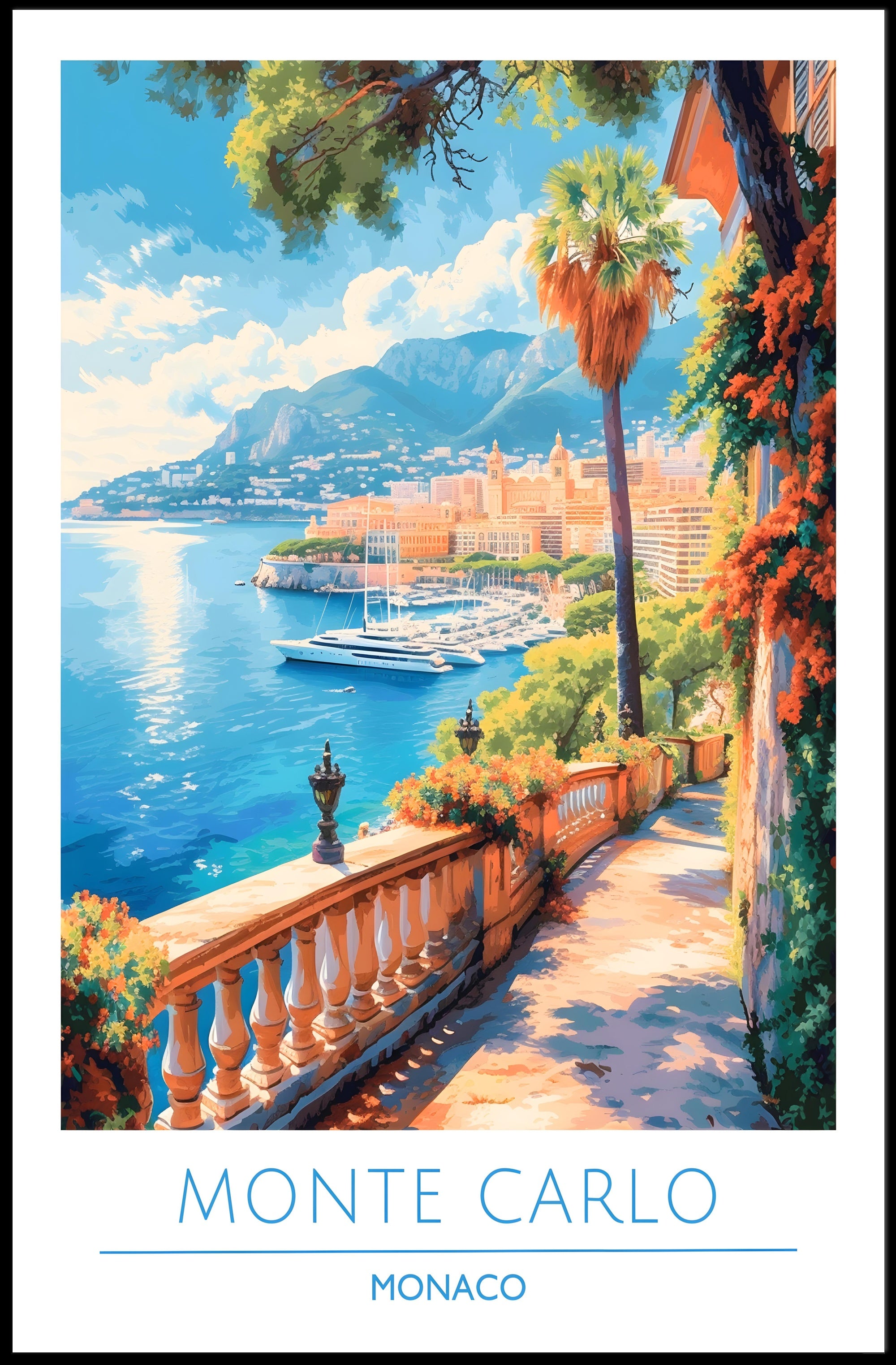 Monte Carlo Mediterranean View Vintage Travel Poster