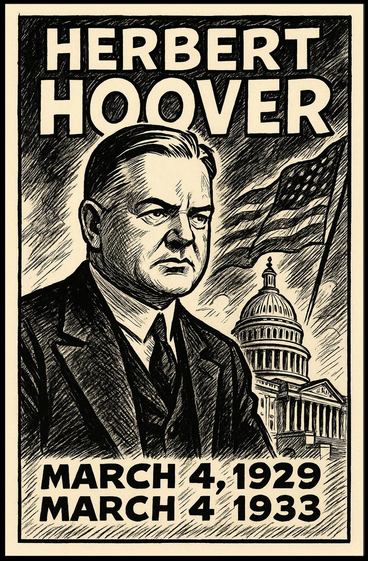 Herbert Hoover 31st President of the United States B & W Comic Sketch Poster