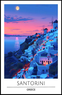 Santorini Sunset Travel Scene: Beautiful Mediterranean Landscape Poster