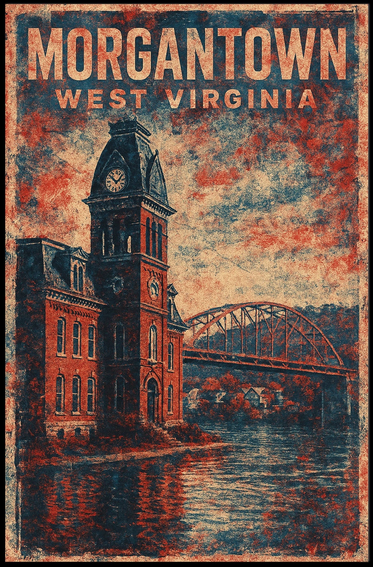 Morgantown Clock Tower River Art Deco Collectors Poster