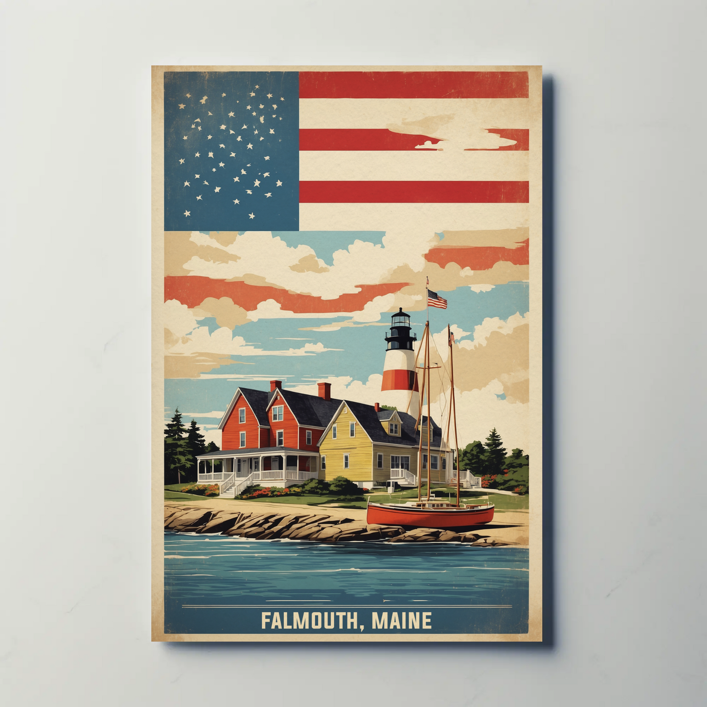 Falmouth Maine Lighthouse Harbor Scene Vintage Travel Poster