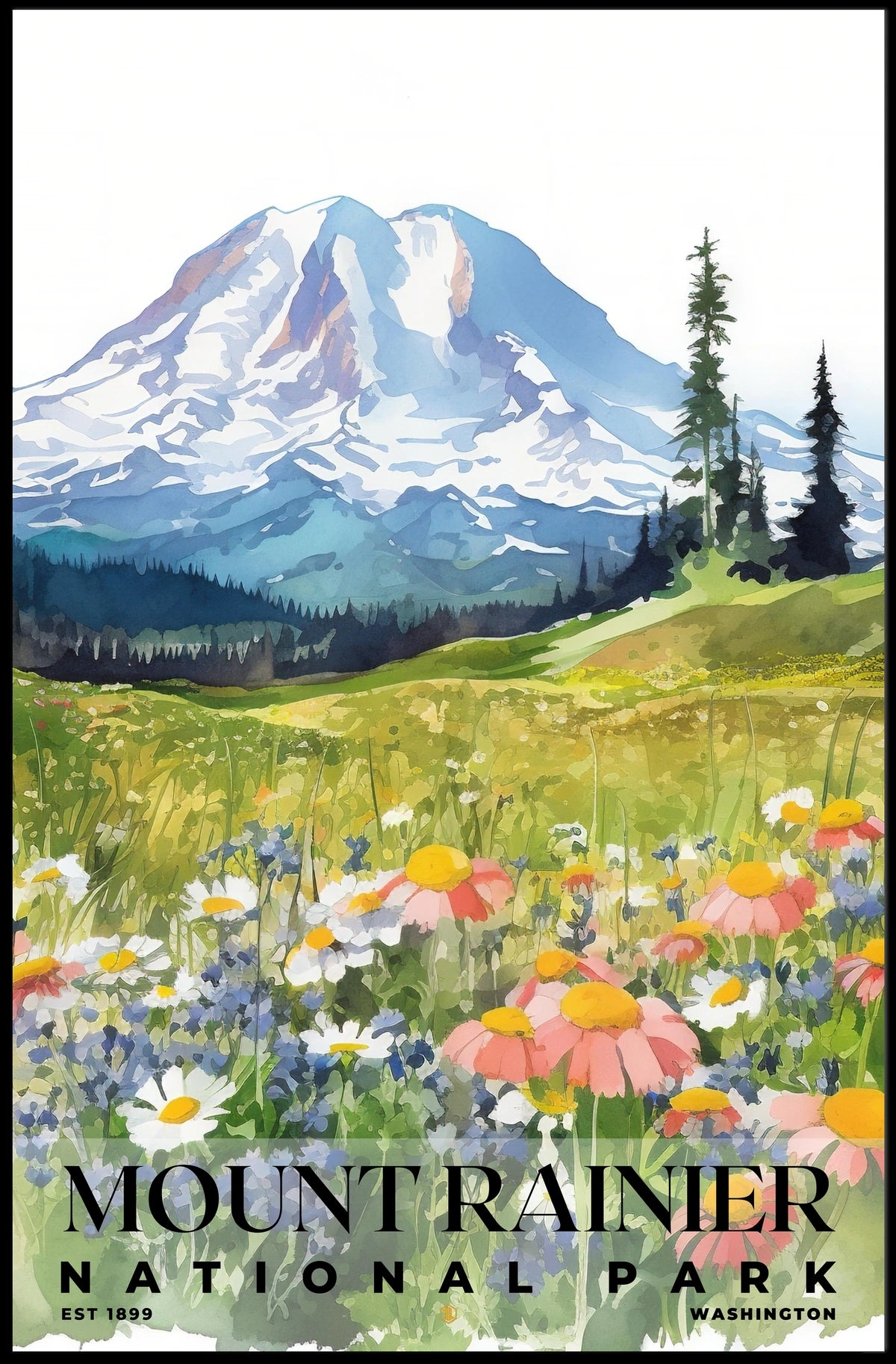 Mount Rainier Watercolor Wall Art Poster