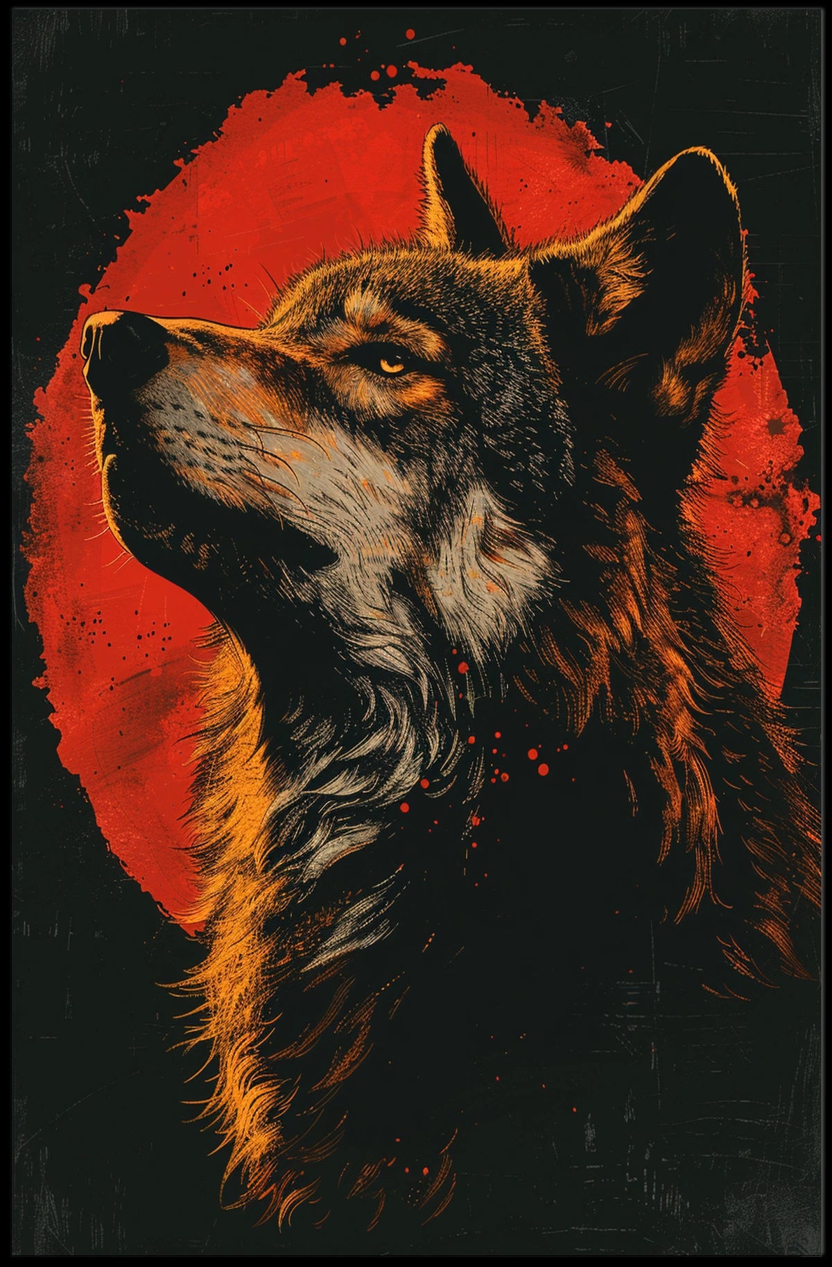 Majestic Wolf Under Red Moon Poster