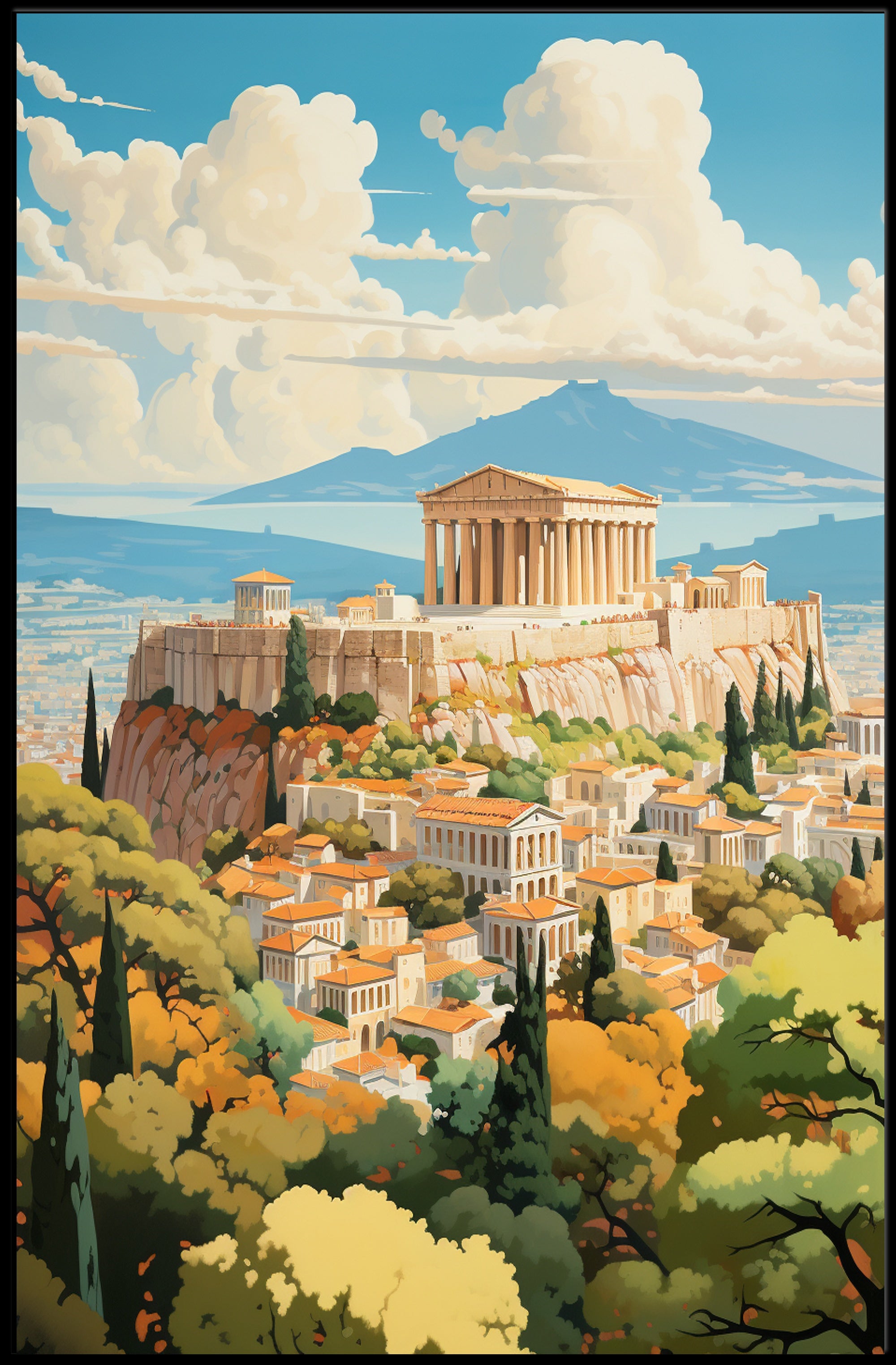 Ancient Athens Acropolis Vintage Art Travel Poster