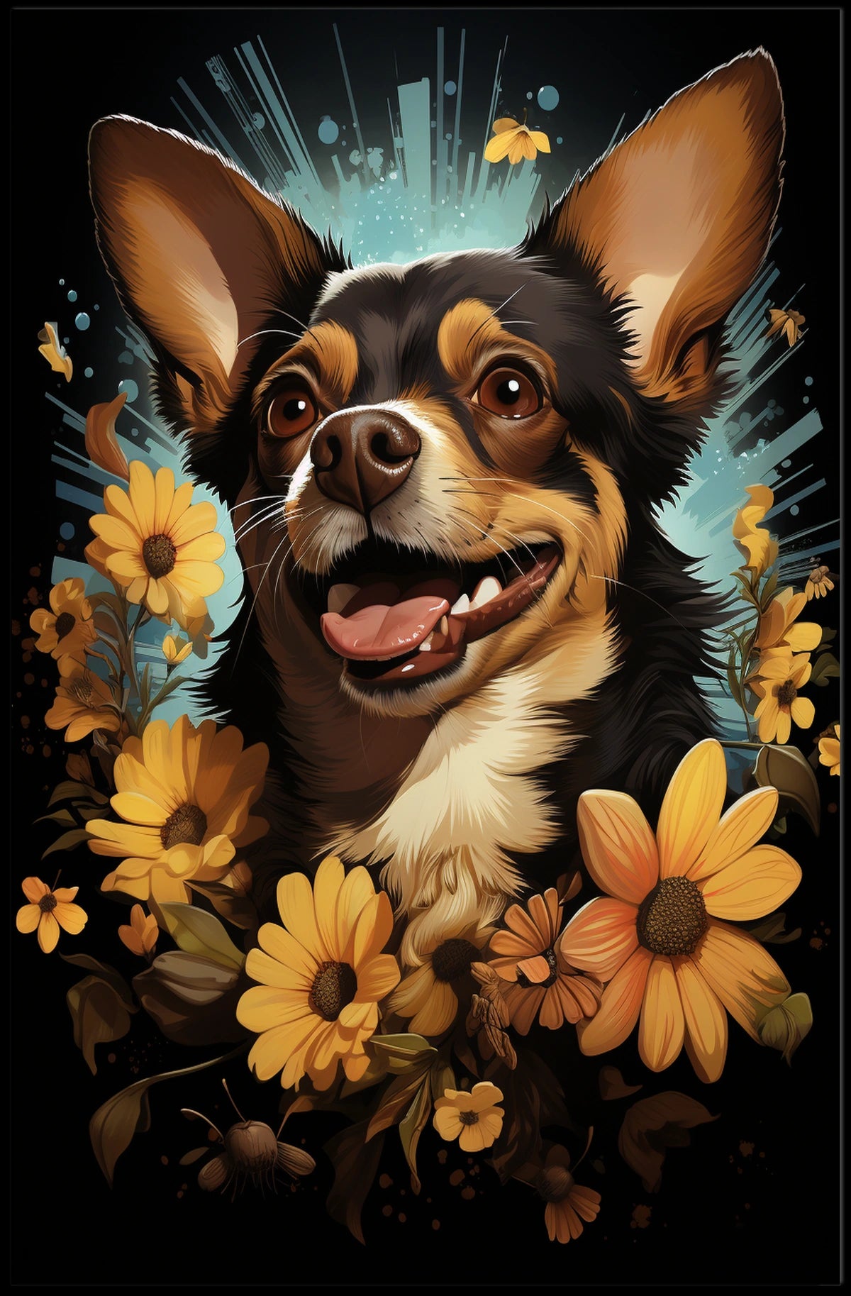 Joyful Dog with Flowers Nature Art Poster