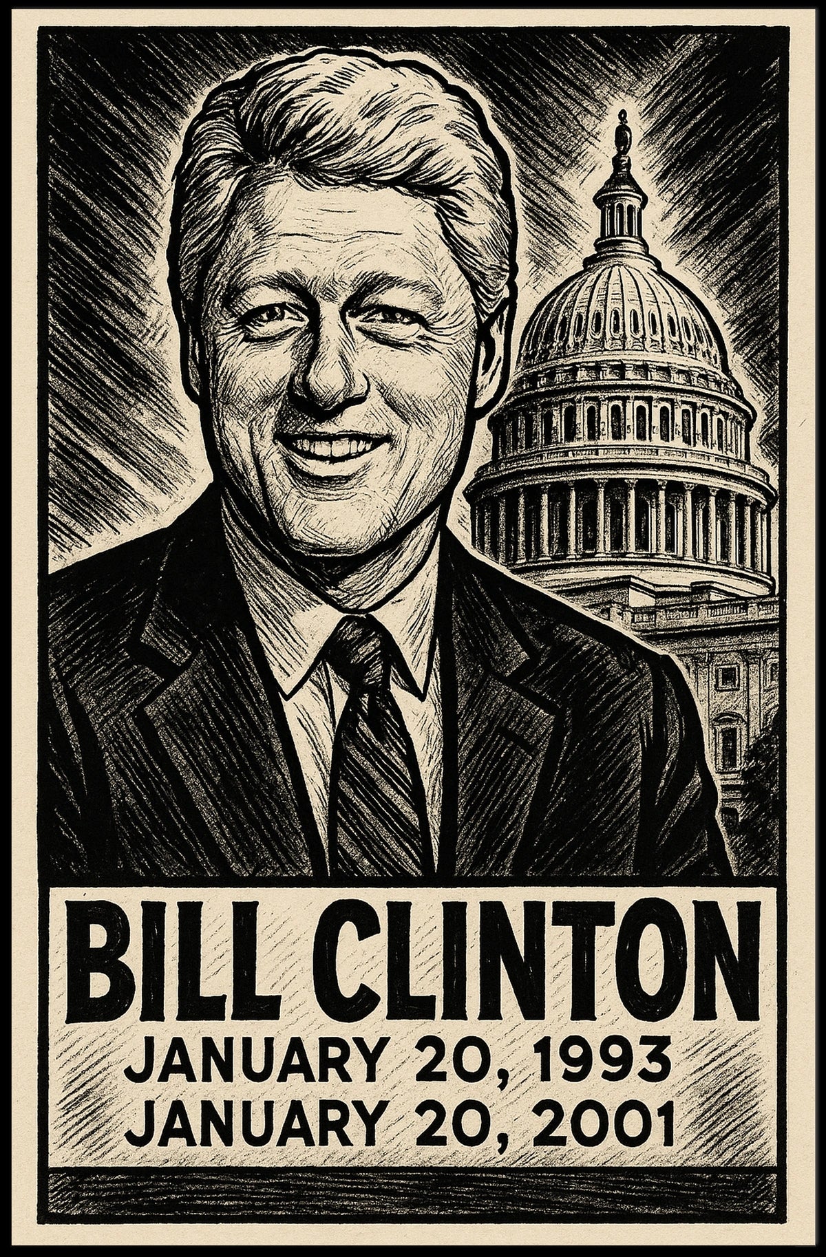 Bill Clinton 42nd President of the United States B & W Comic Sketch Poster