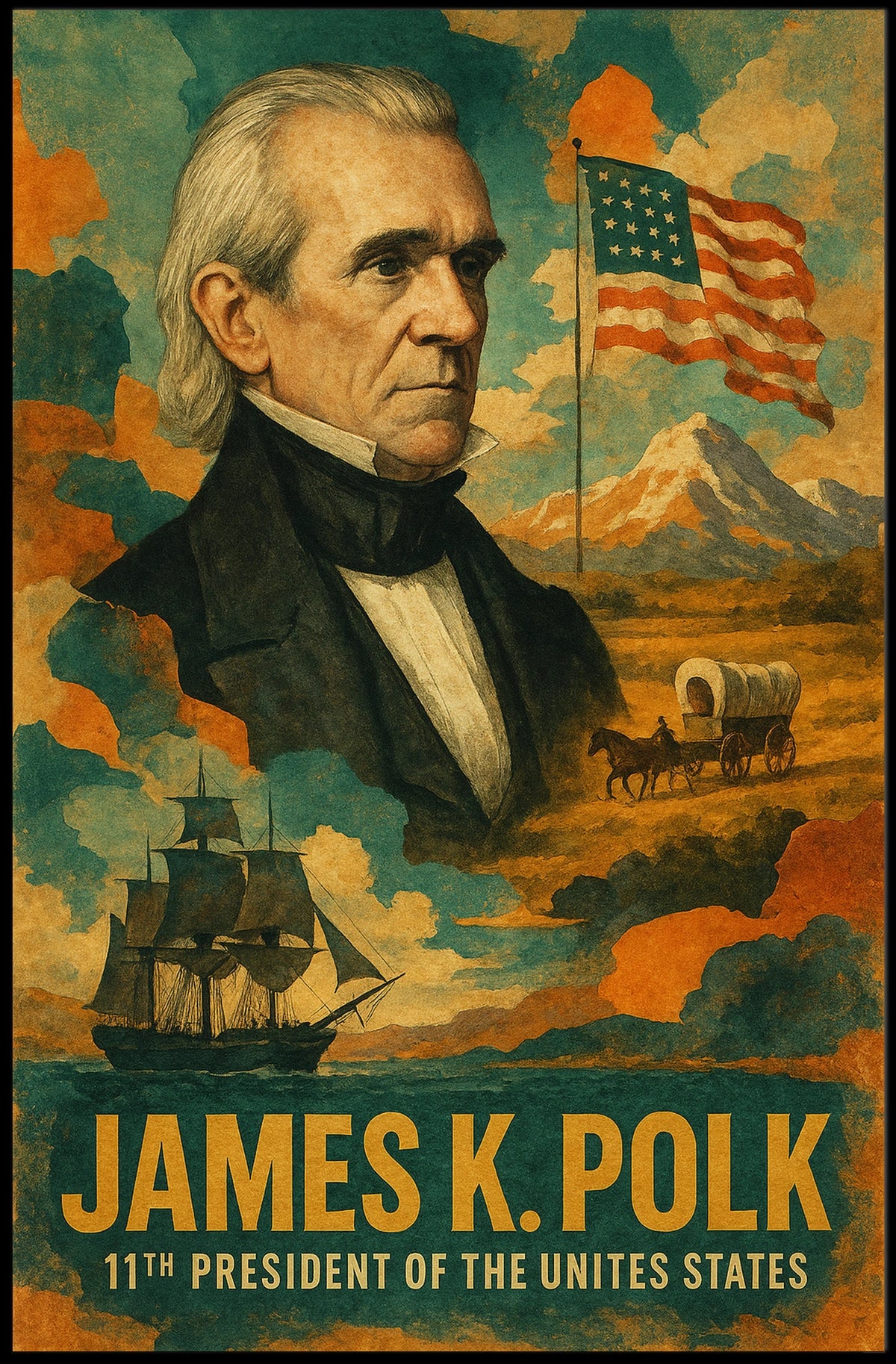 James K. Polk 11th President of the United States Layered Digital Collage Poster