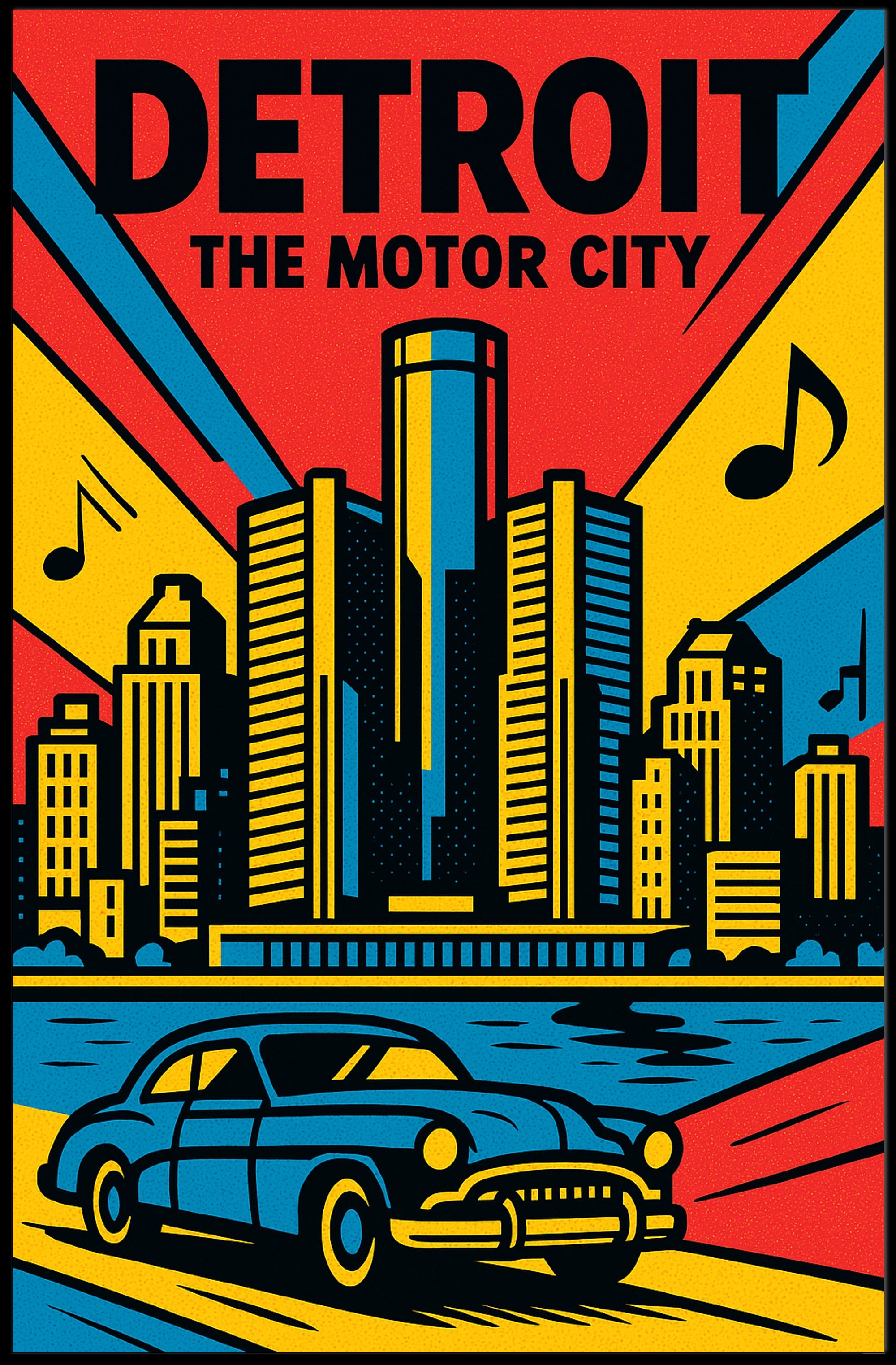 Detroit Skyline Classic Car Vibrant Urban Cityscape Poster