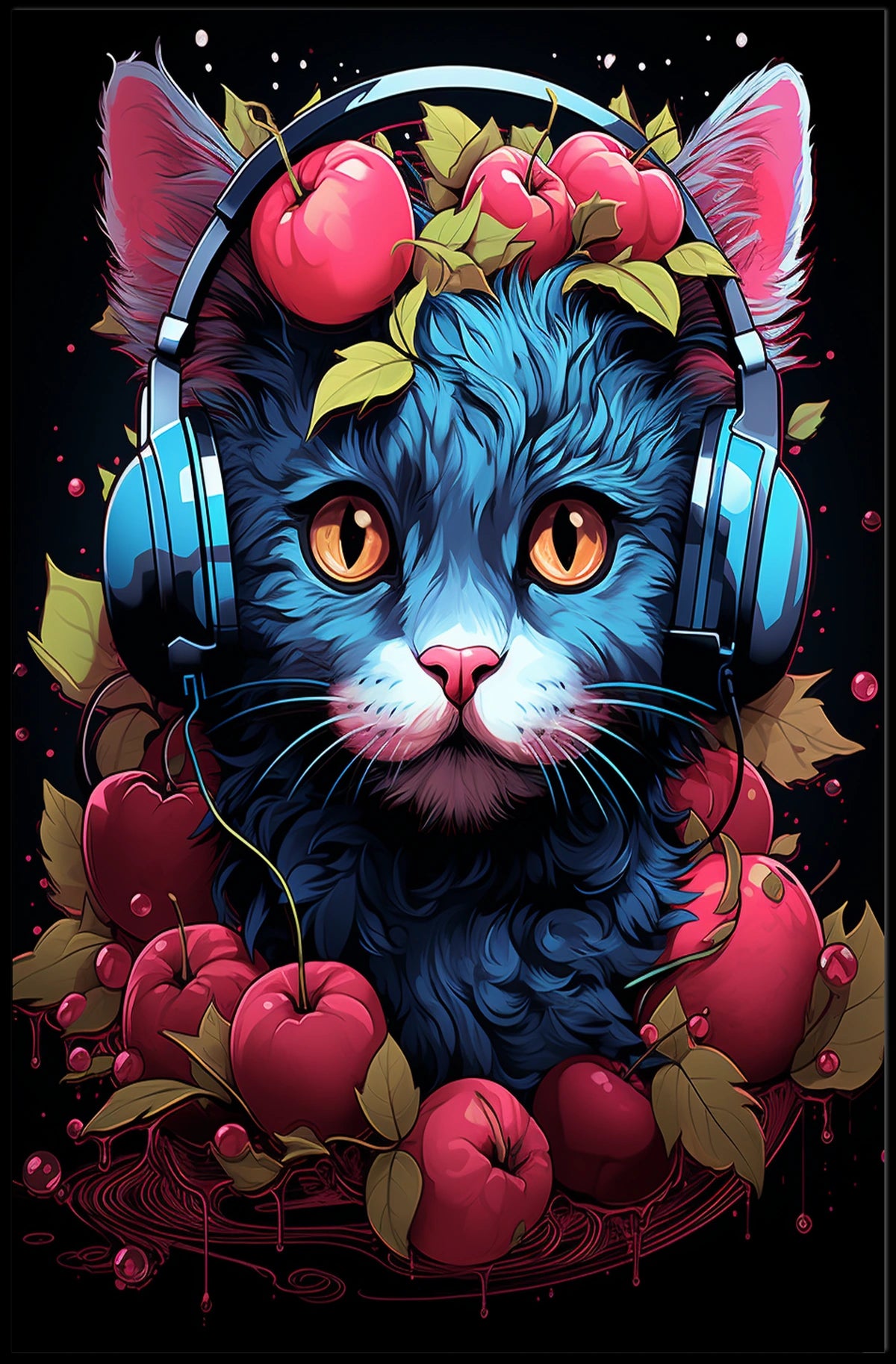 Cherries And Headphones Cat Poster