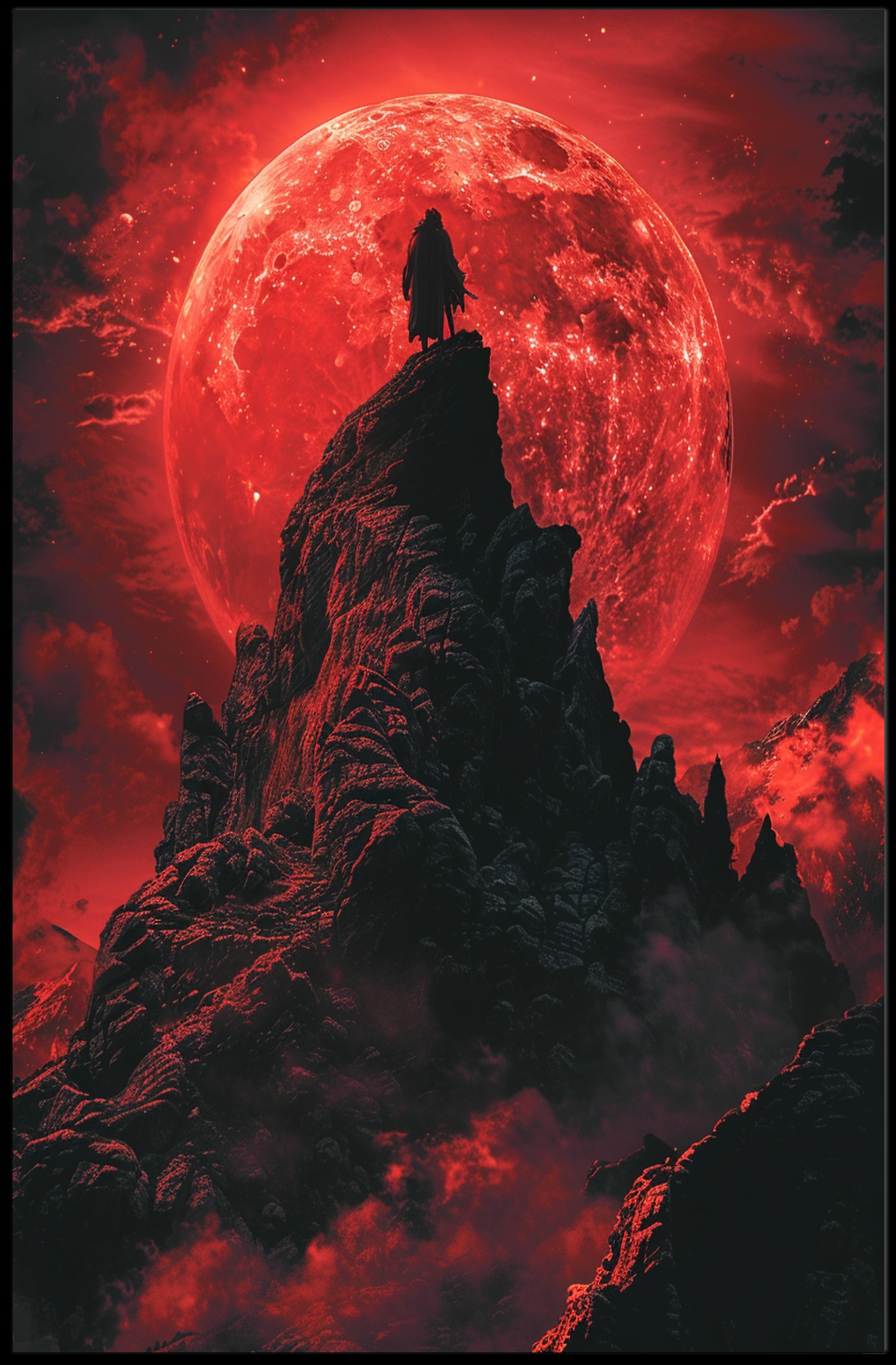 Lone Figure Under Blood Moon Futuristic Sci-Fi Poster PosterGoat