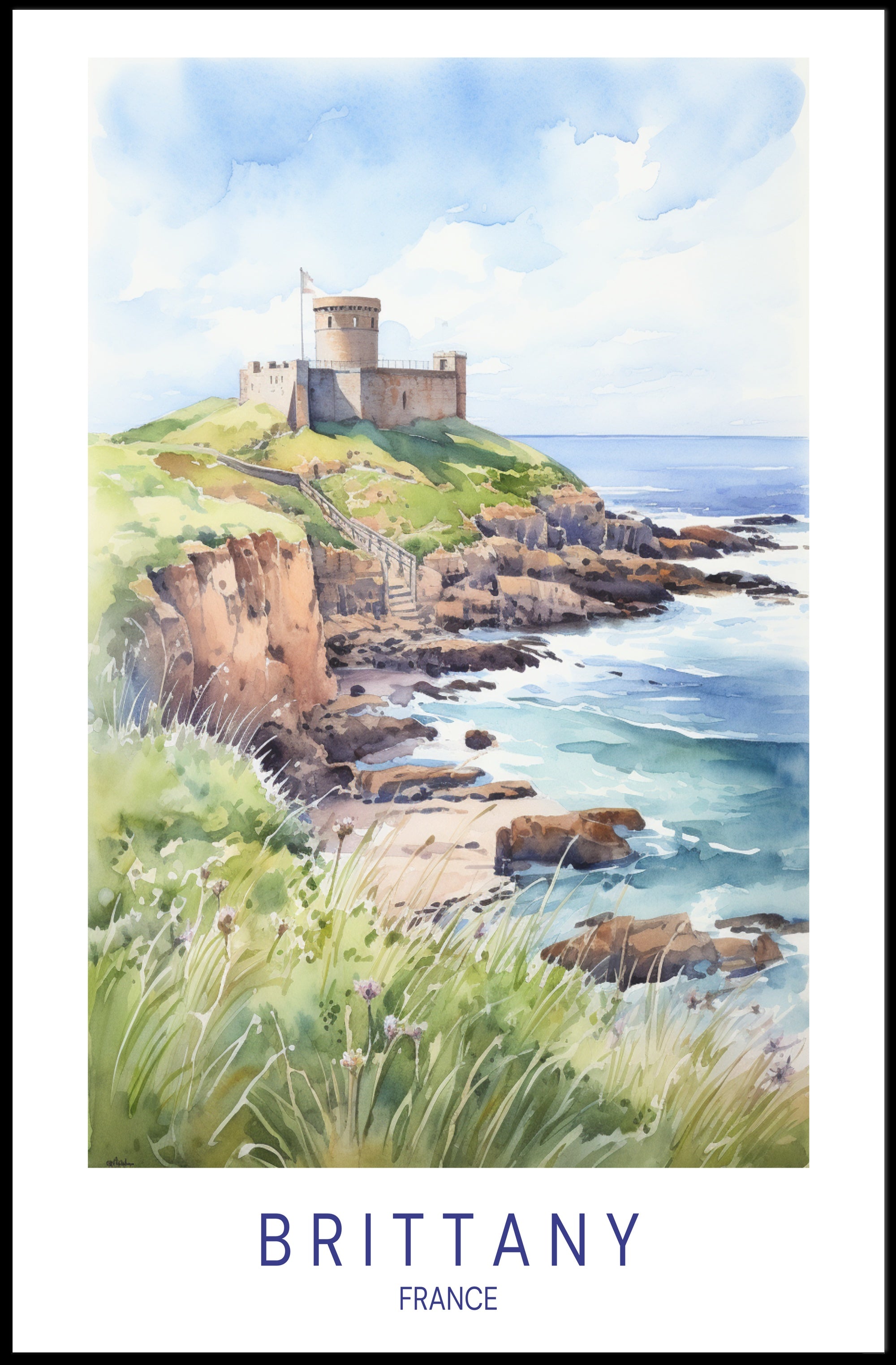 Brittany Coastal Castle Scenic Travel Poster PosterGoat