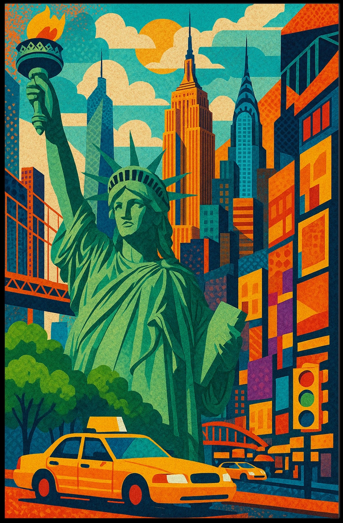 New York City Bright Iconic Urban Poster Vintage Wall Art