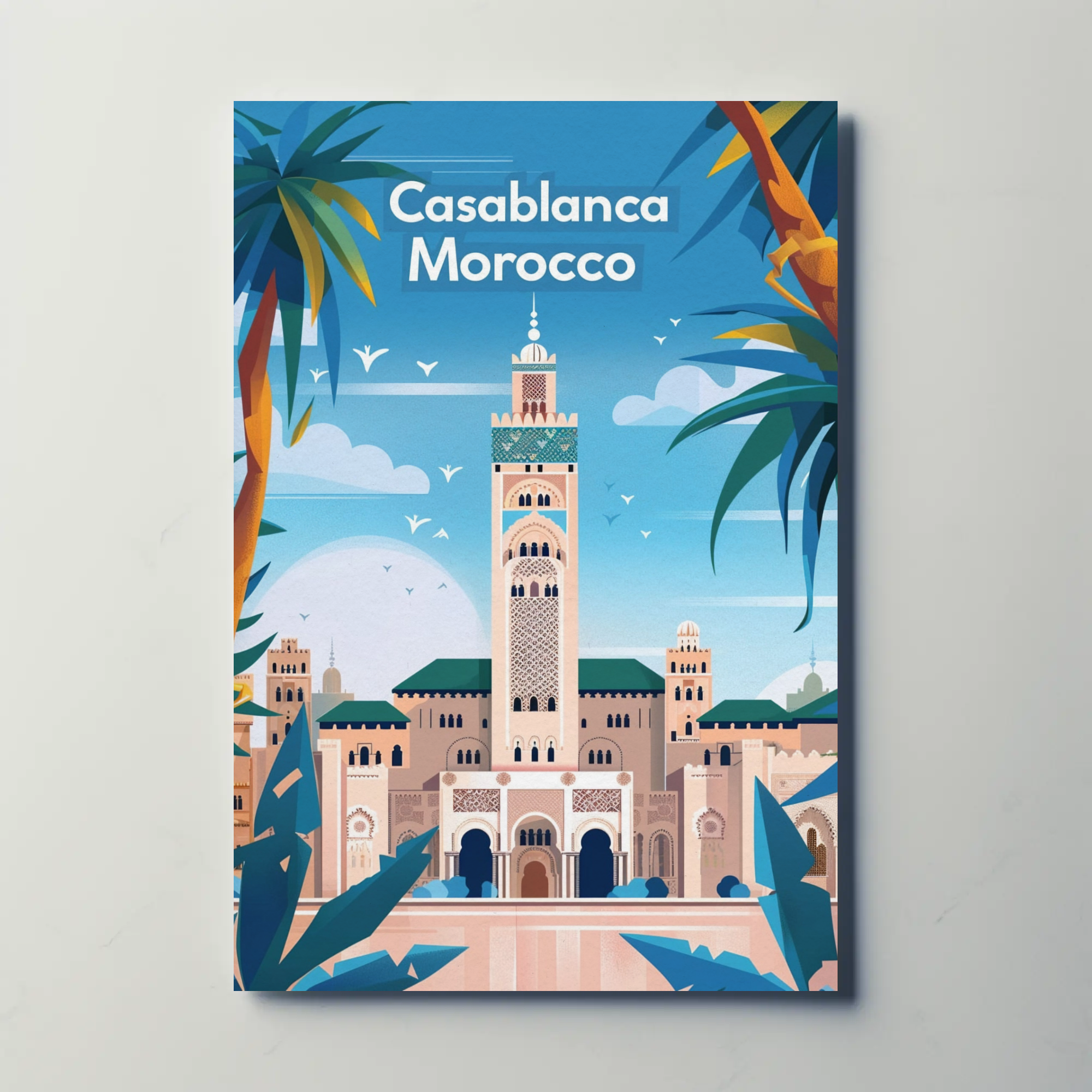 Casablanca Morocco Hassan II Mosque Vintage Travel Poster