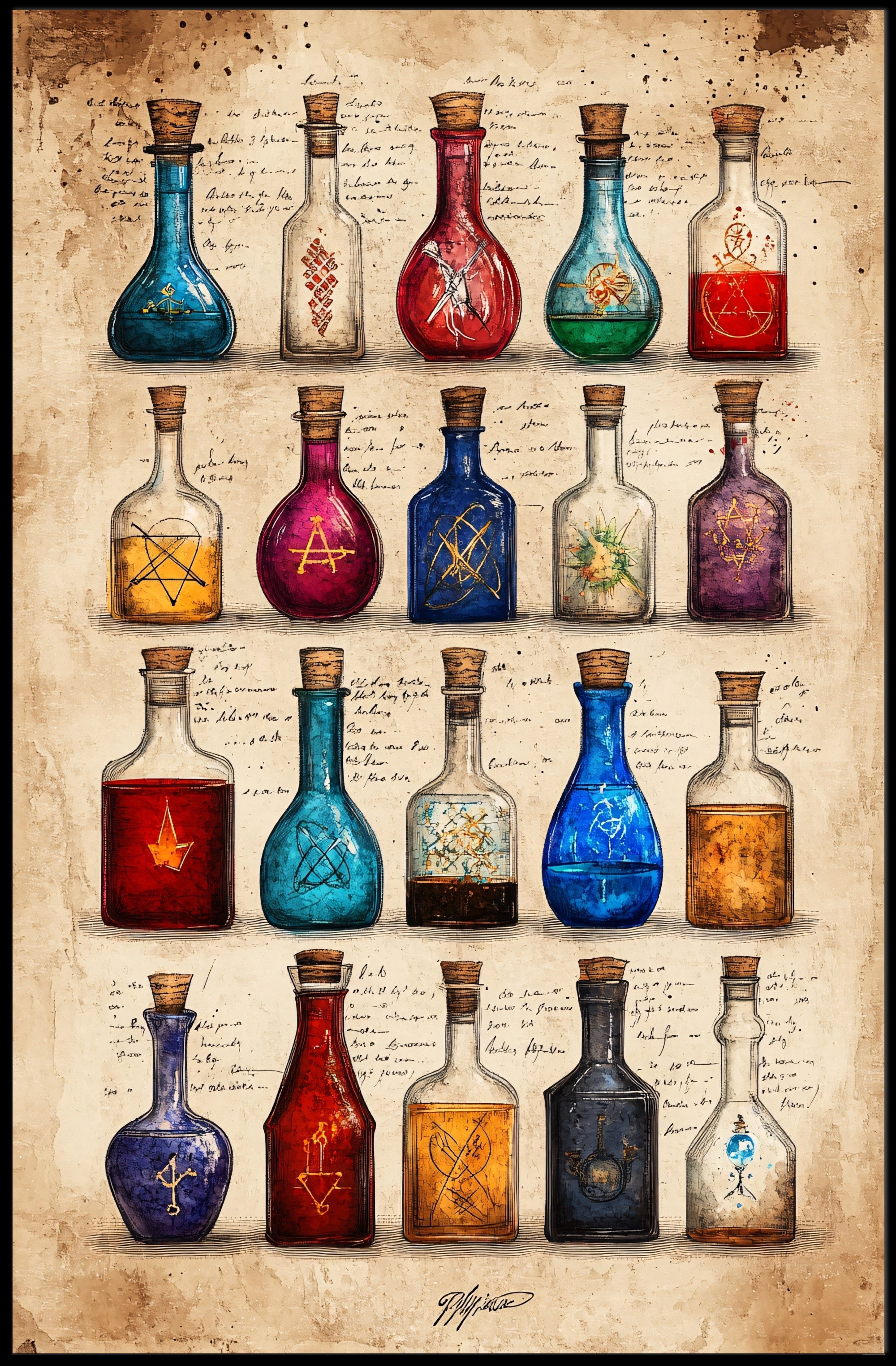 Potion Bottles with Mystical Symbols Fantasy or Mythology Poster