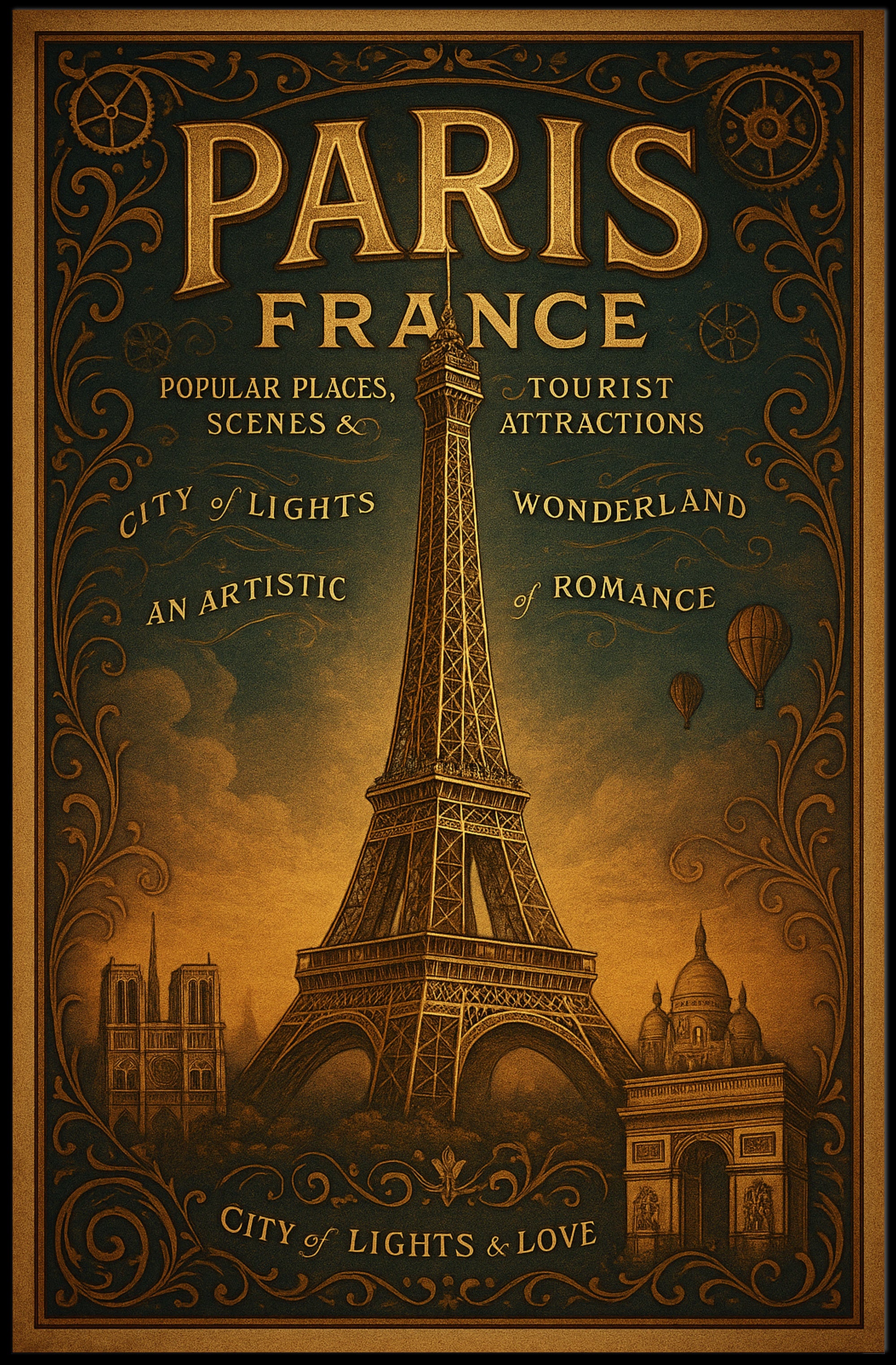 Paris Landmarks Vintage Art Nouveau Urban or Cityscape Poster