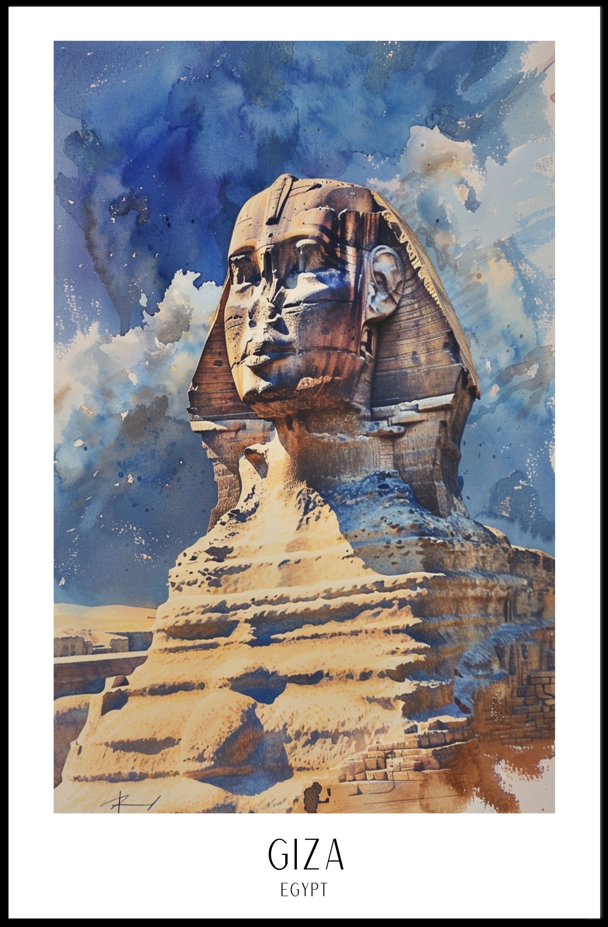 Majestic Egyptian Sphinx Watercolor Cultural or Heritage Poster PosterGoat