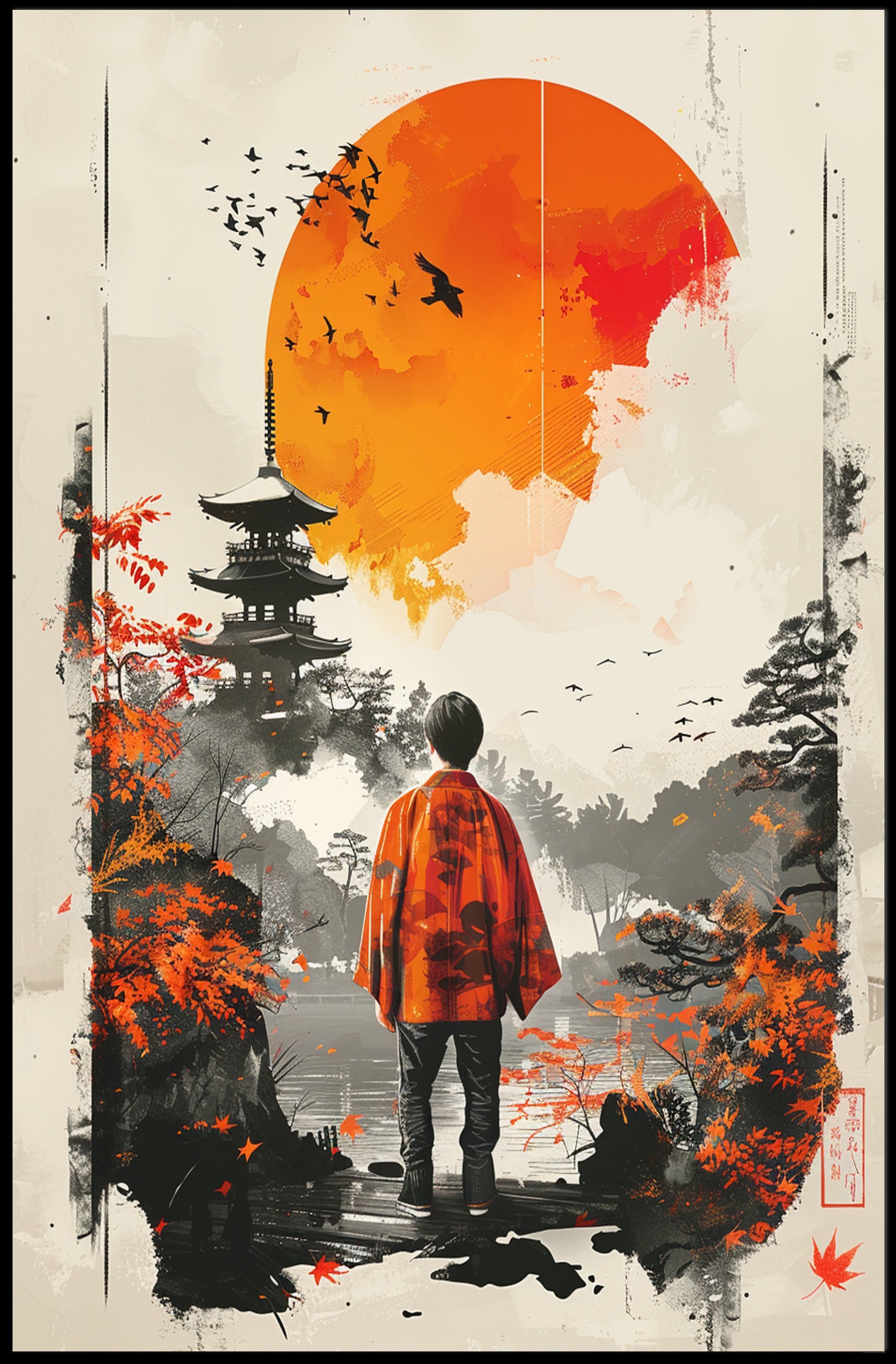 Japanese Tranquility: Watercolor Reflection in Heritage Poster PosterGoat