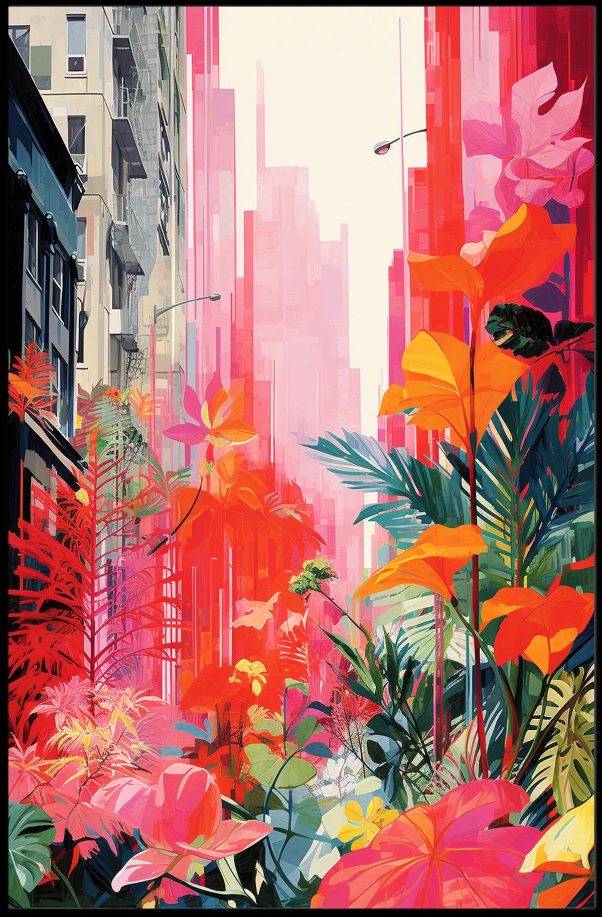 Urban Nature Fusion: Vibrant Cityscape Meets Botanical Wonderland Poster