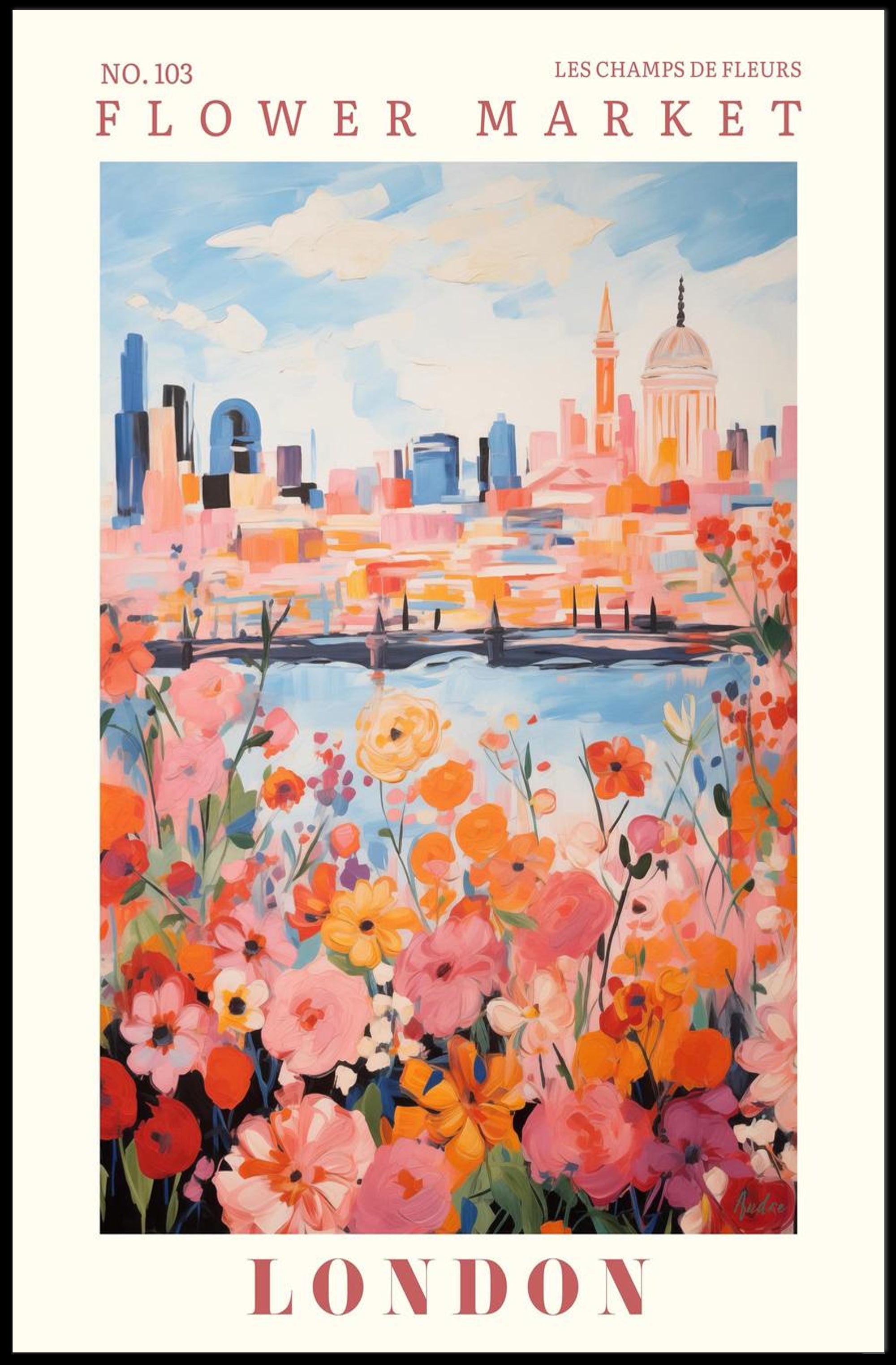 London Flower Market: Vibrant Blooms Against Iconic Skyline Poster