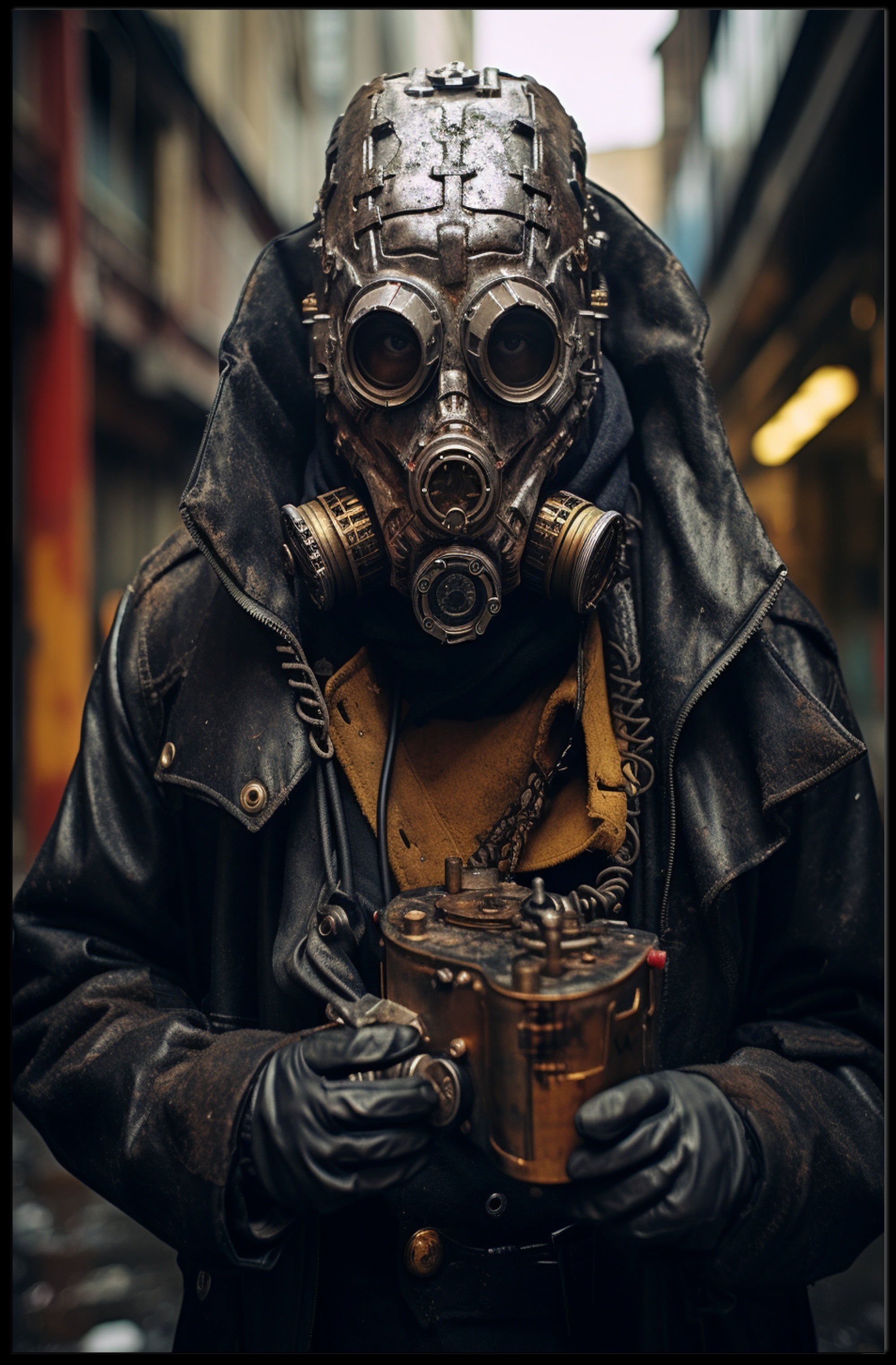 Dystopian Steampunk Survival Poster: Gritty, Mechanical, Urban Atmosphere