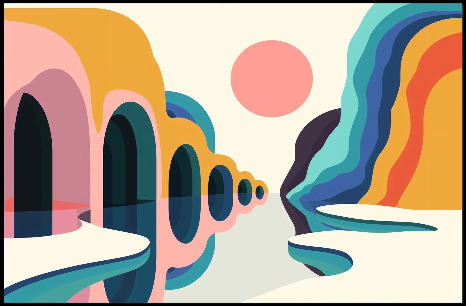 Vibrant Abstract Landscape Poster with Surreal Caves