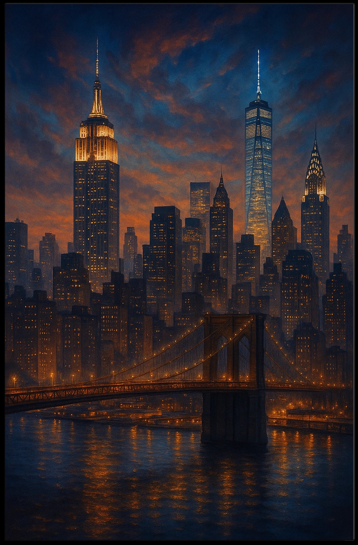 City Skyline at Dusk Over the River Poster Modern Wall Art