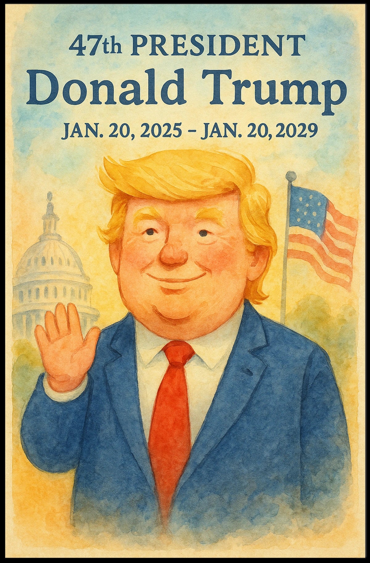 Trump Patriotism Watercolor Inspirational Capitol Dome American Flag Portrait Inspired Decor Collector Poster