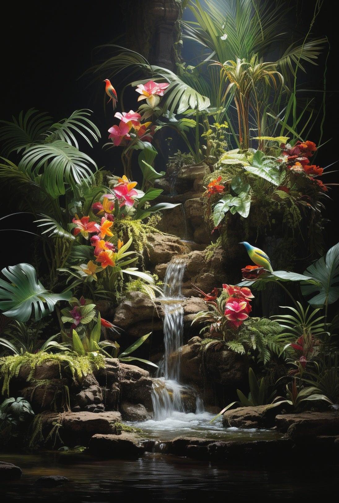Tropical Paradise: Lush Botanical Poster Featuring Birds and Waterfall